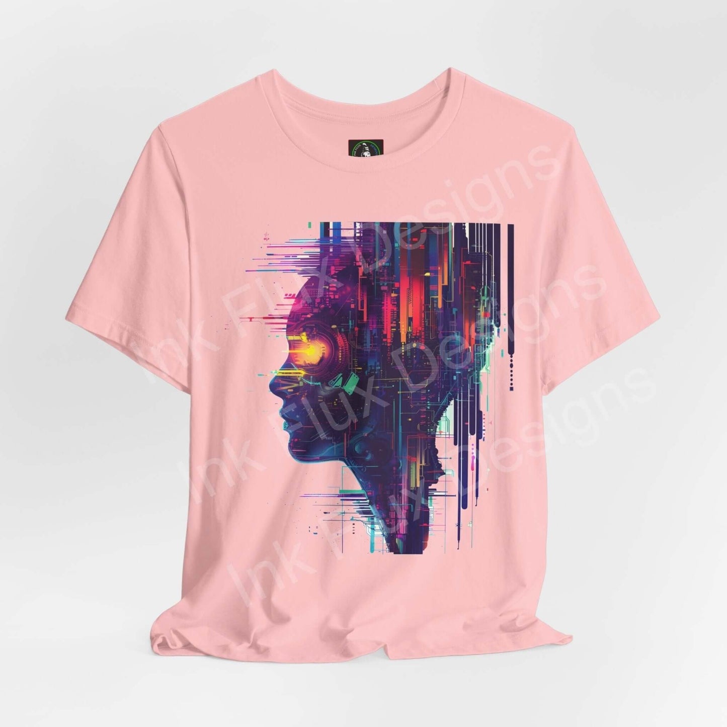 Pink T-shirt featuring a vibrant cyberpunk graphic of a stylized portrait in vivid blue and purple hues, from Bella+Canvas.