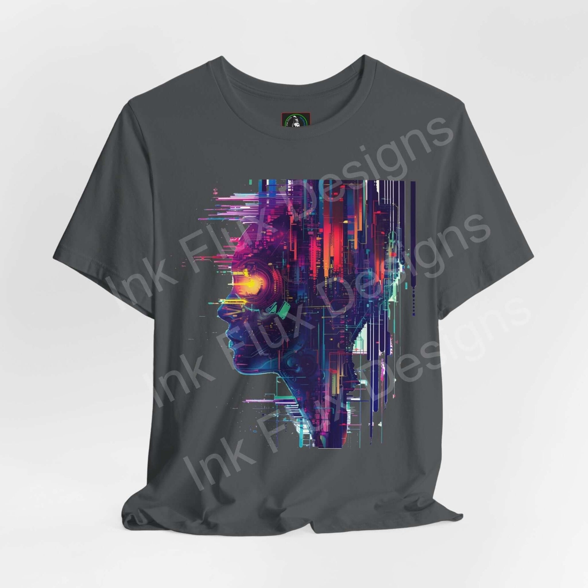 Abstract cyberpunk graphic on unisex grey T-shirt with vibrant, futuristic portrait design, offering style and comfort.