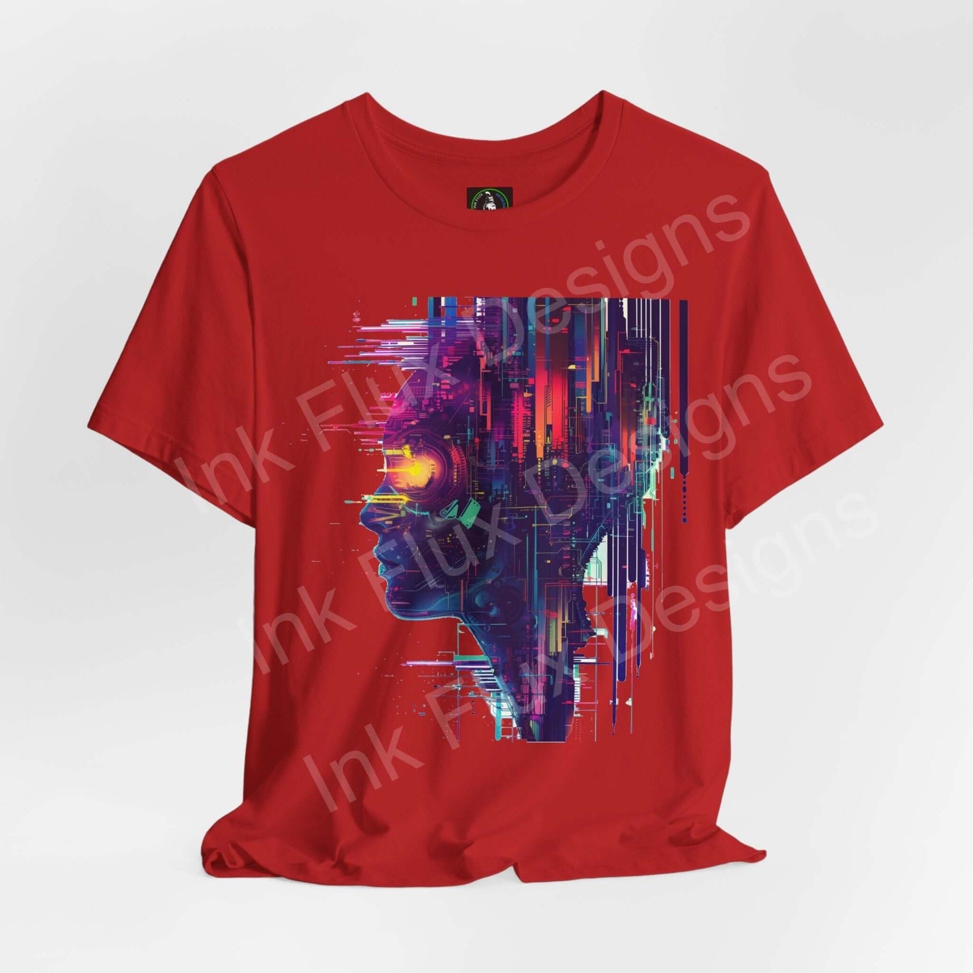 Red unisex T-shirt featuring a vibrant cyberpunk graphic design, crafted from breathable Airlume cotton, by Bella+Canvas.