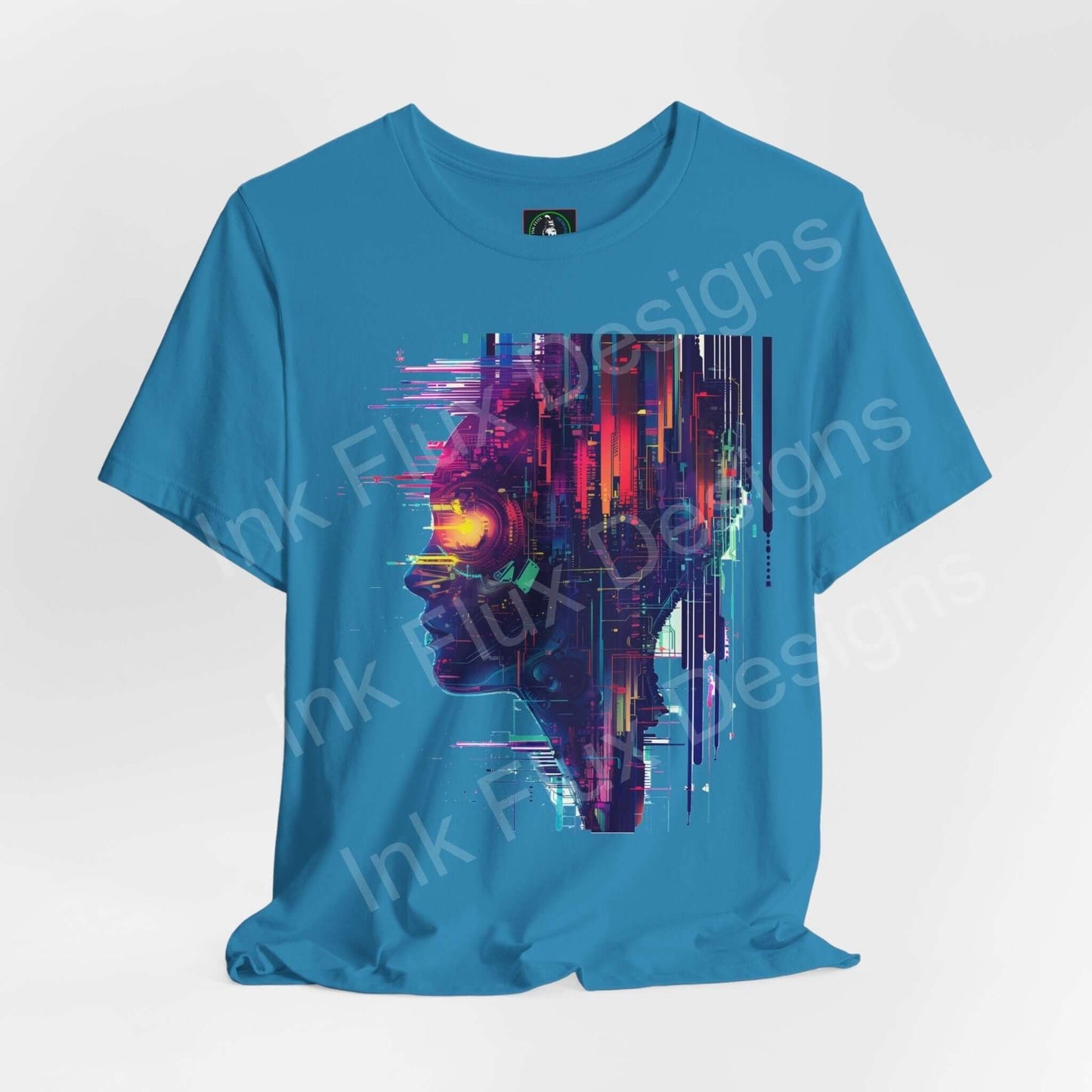 Cyberpunk-themed graphic tee featuring an abstract portrait design on a turquoise Bella+Canvas shirt, highlighting style and comfort.