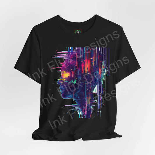 Cyberpunk-inspired graphic tee featuring a vibrant abstract portrait in neon colors on a black unisex T-shirt.