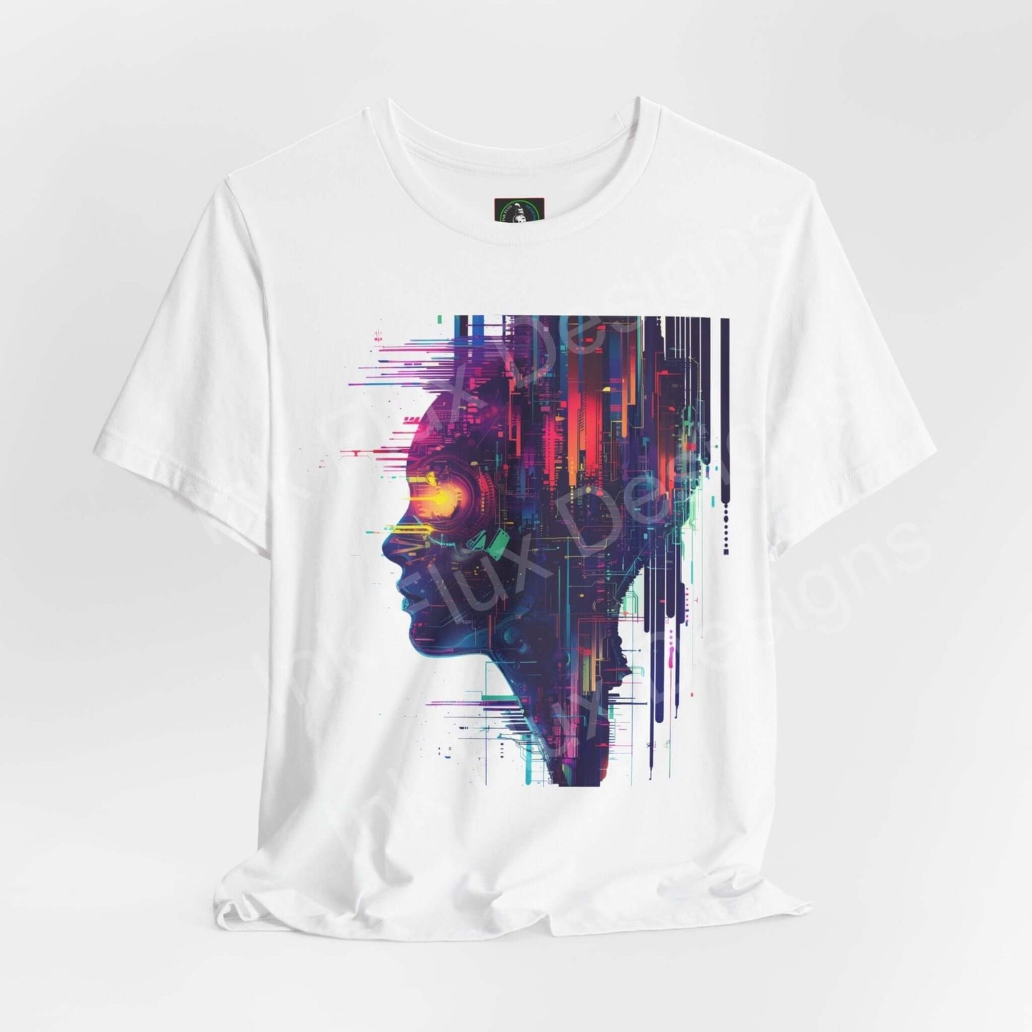 Cyberpunk graphic tee featuring a vibrant abstract portrait in vivid colors on a white unisex T-shirt, showcasing contemporary design and style.
