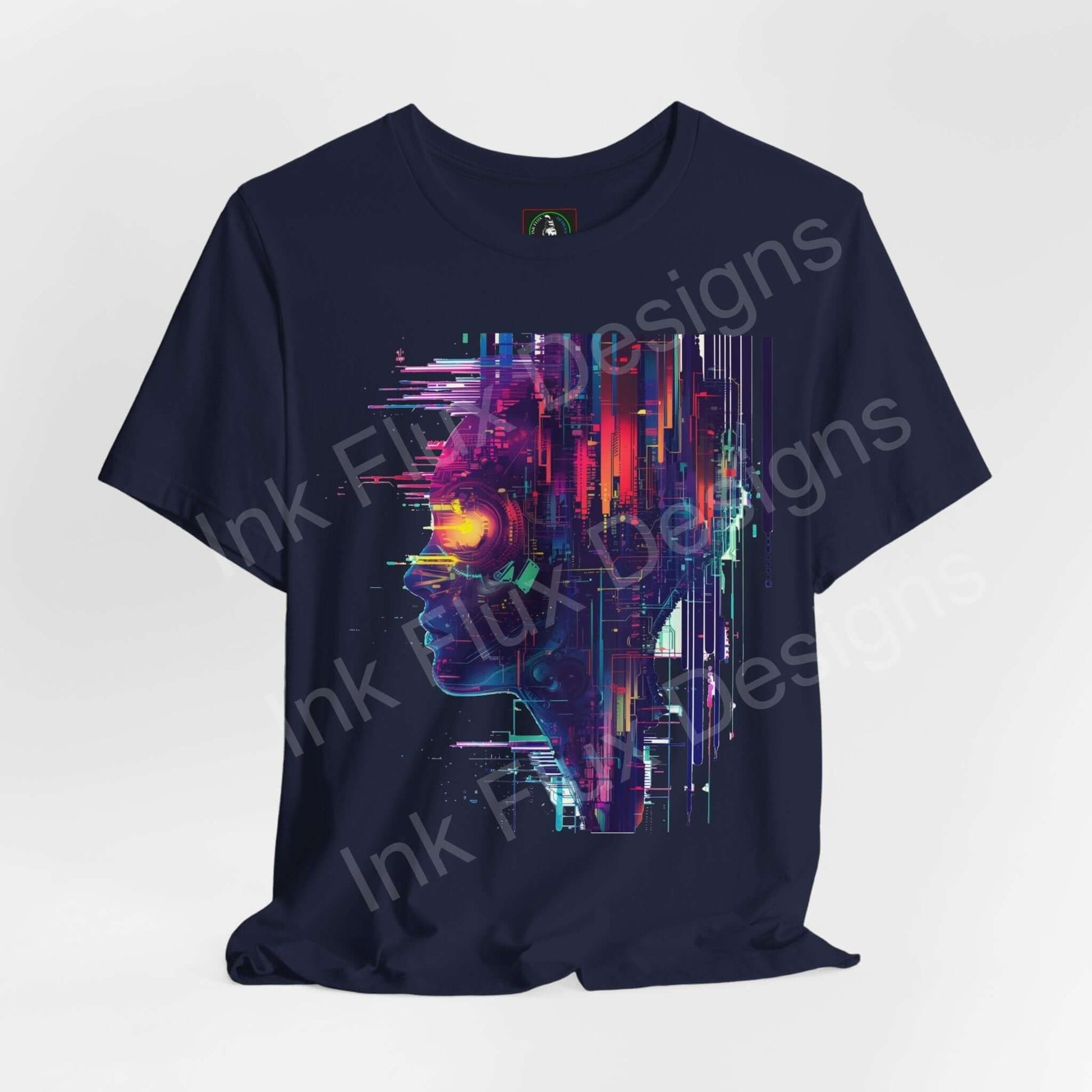 Cyberpunk-inspired graphic tee featuring an abstract portrait design in vibrant colors on a dark navy unisex T-shirt