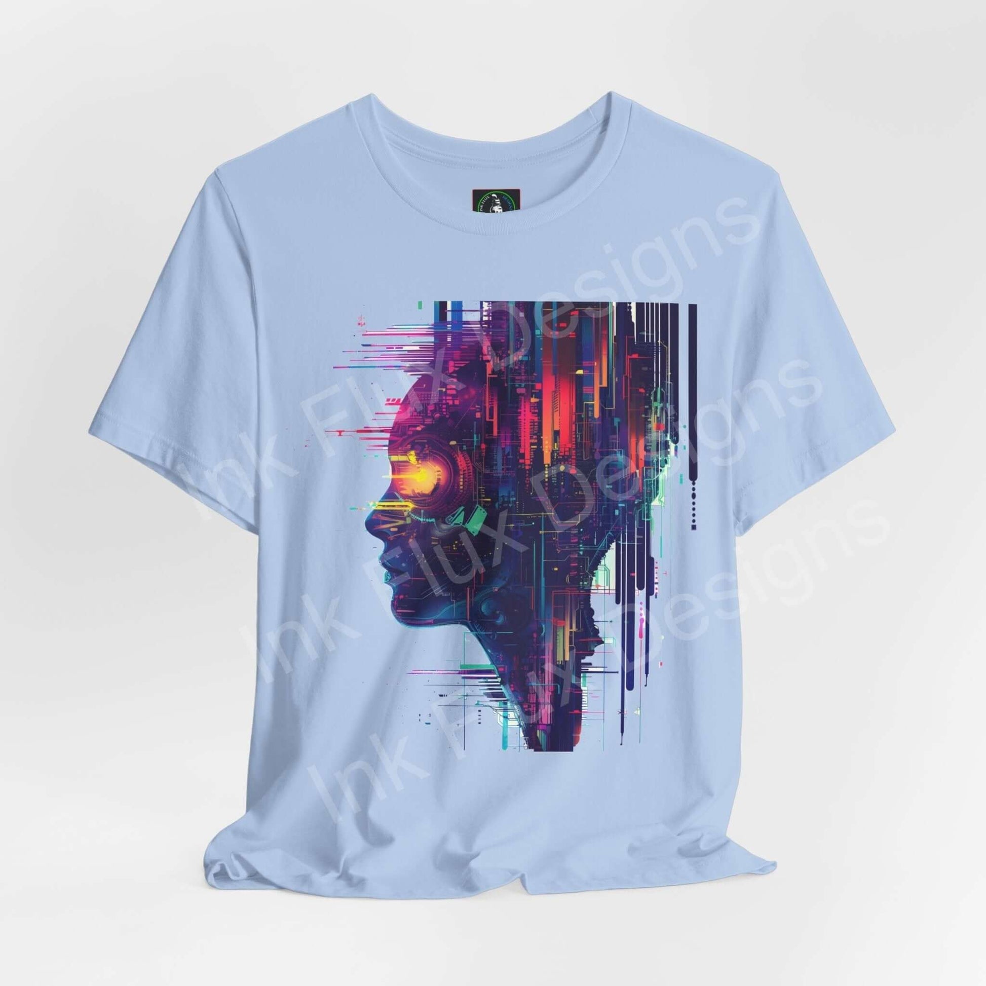 Cyberpunk-themed graphic tee featuring an abstract portrait in vibrant colors on a light blue Bella+Canvas unisex T-shirt.