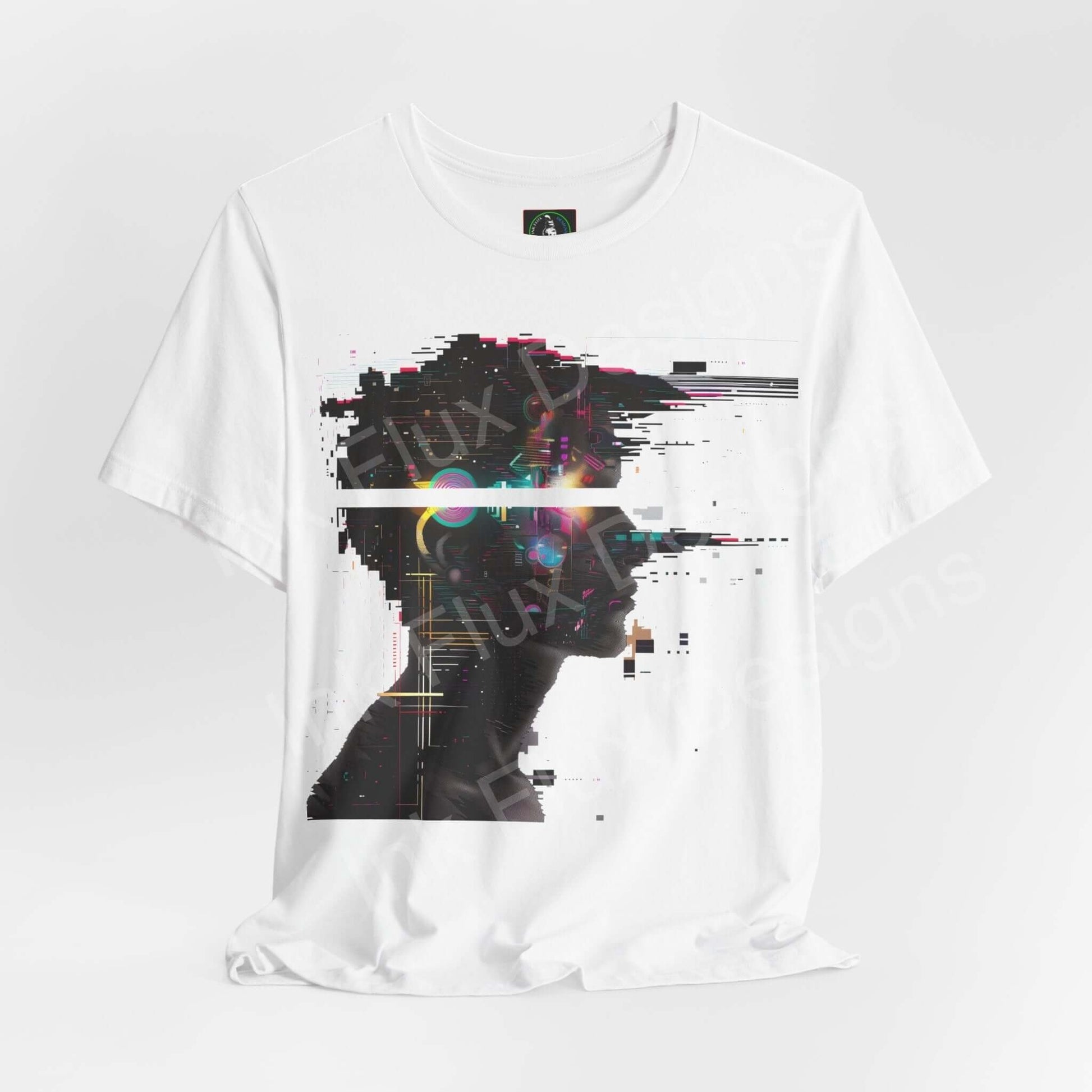 Cyberpunk-inspired graphic tee featuring an abstract portrait with glitch art elements on a white, unisex Bella+Canvas T-shirt.