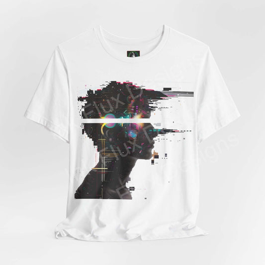 Cyberpunk-inspired graphic tee featuring an abstract portrait with glitch art elements on a white, unisex Bella+Canvas T-shirt.