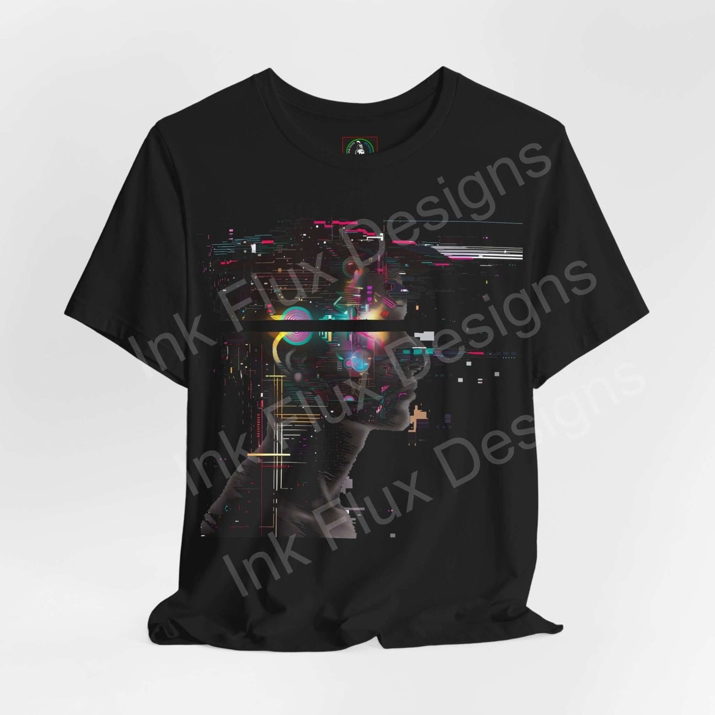Black cyberpunk graphic tee featuring abstract digital portrait with vibrant neon colors, from Bella+Canvas.