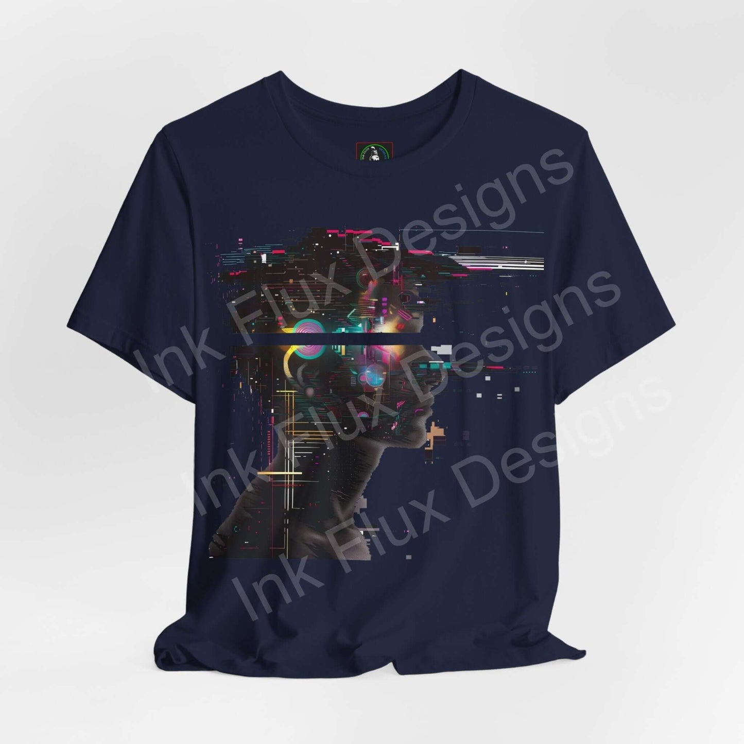 Navy blue unisex T-shirt featuring a cyberpunk-themed graphic print with abstract portrait design, crafted by Bella+Canvas for style and sustainability.
