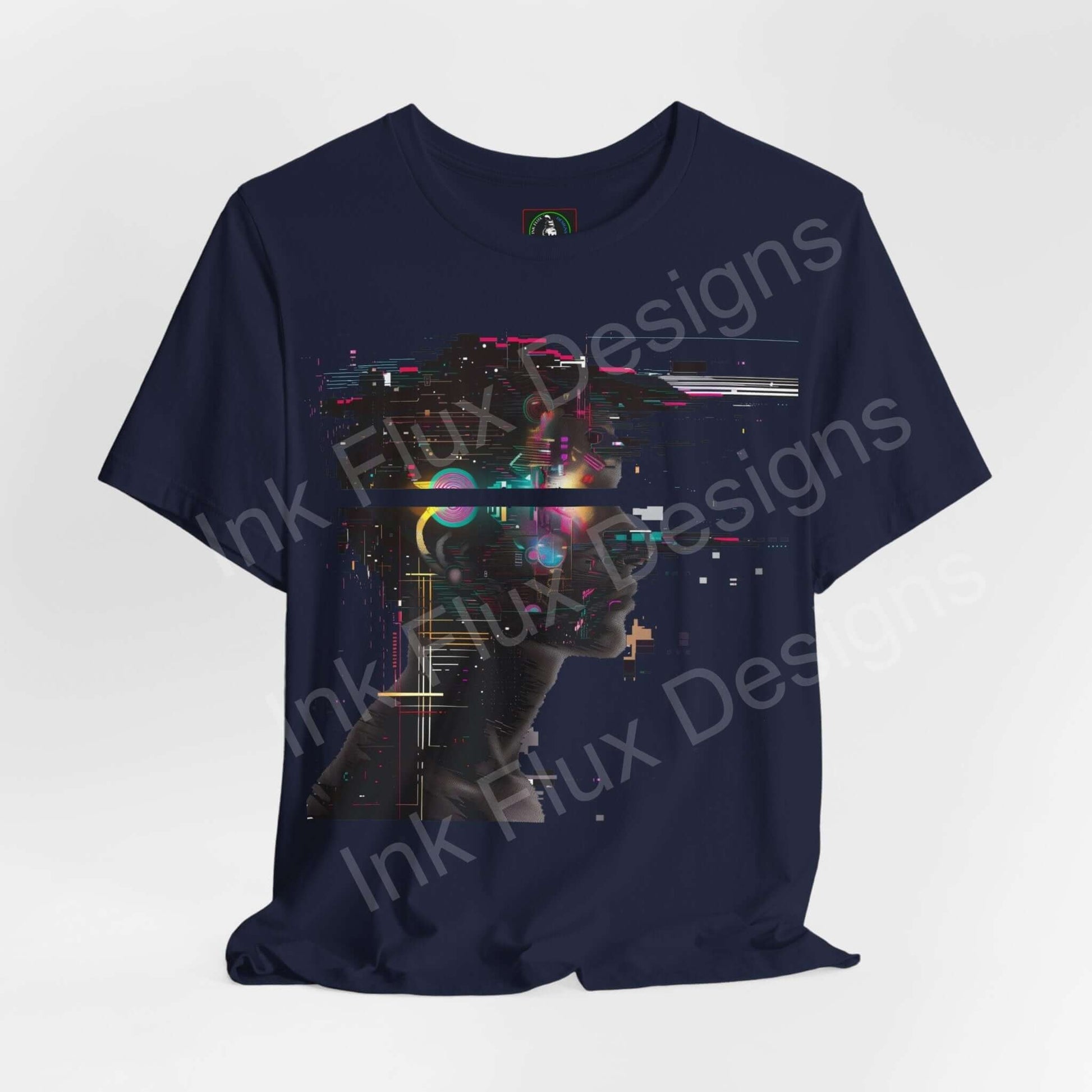 Navy blue unisex T-shirt featuring a cyberpunk-themed graphic print with abstract portrait design, crafted by Bella+Canvas for style and sustainability.