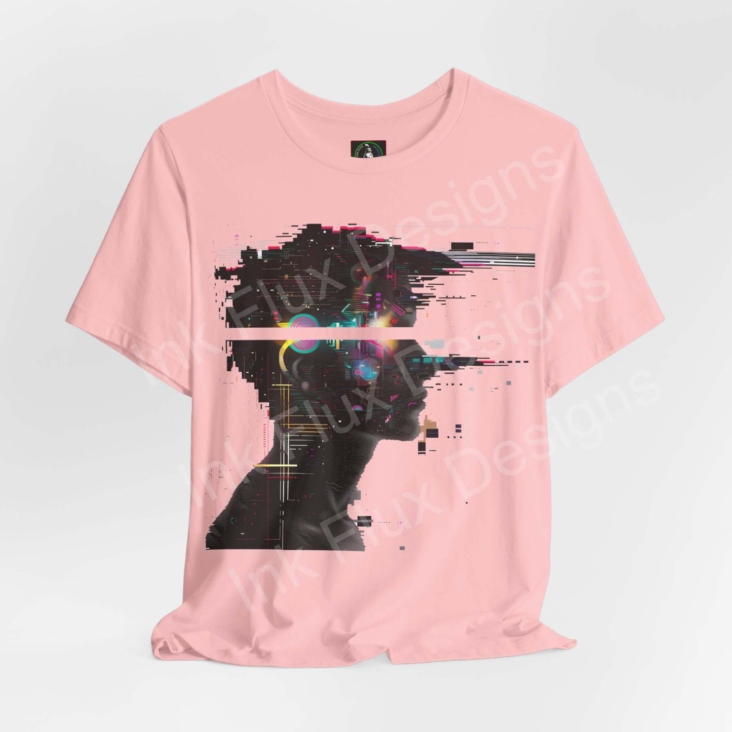 Pink unisex jersey T-shirt featuring an abstract cyberpunk graphic print, designed for comfort and style by Bella+Canvas.