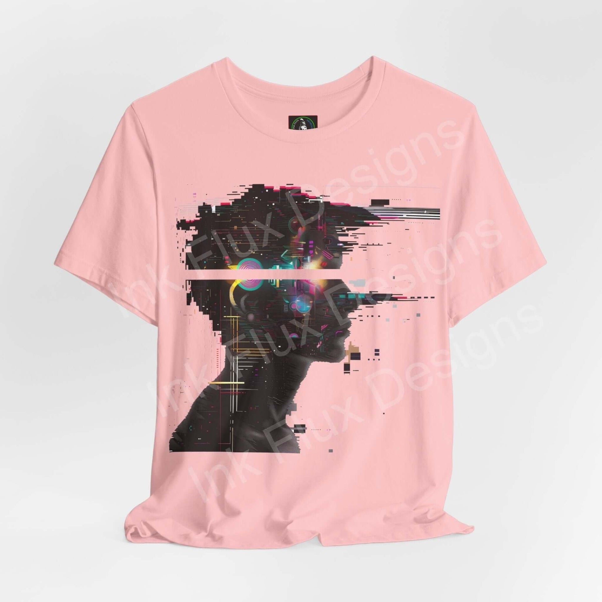 Pink unisex jersey T-shirt featuring an abstract cyberpunk graphic print, designed for comfort and style by Bella+Canvas.