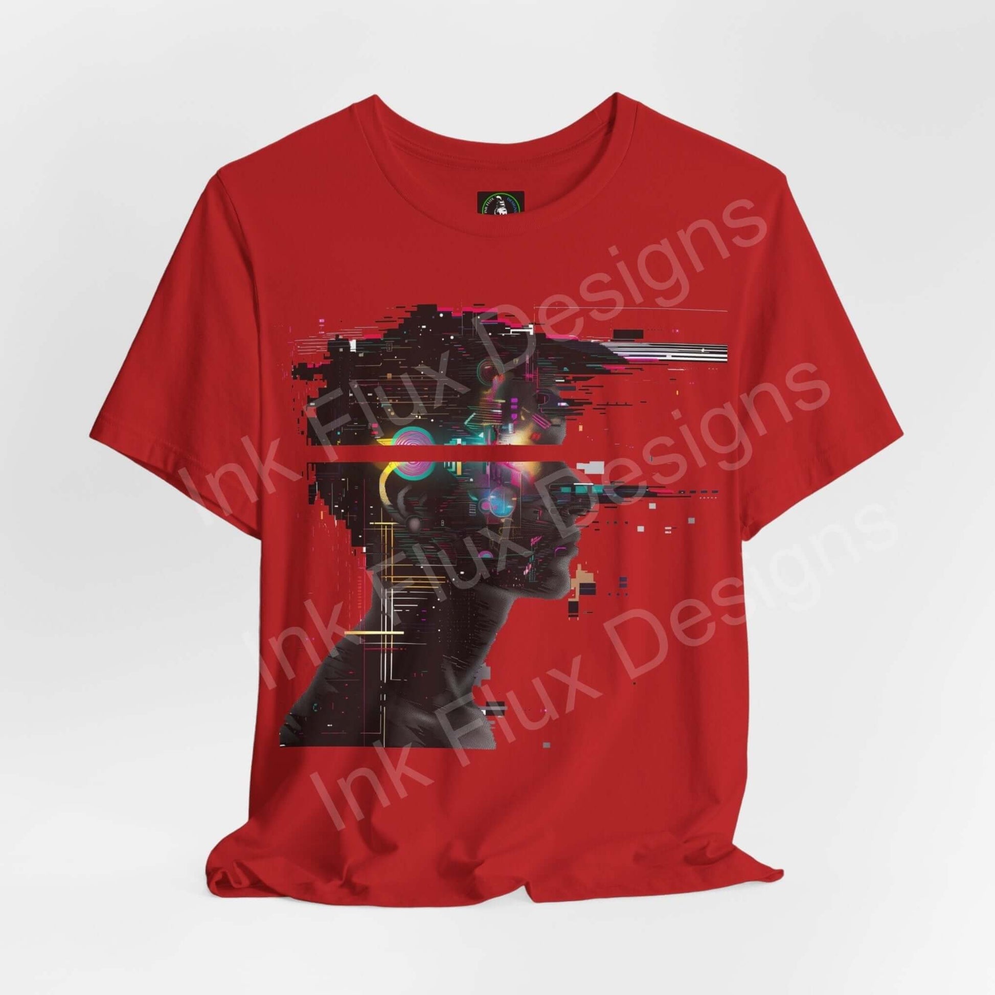 Red cyberpunk graphic tee featuring abstract portrait with glitch art elements, from Bella+Canvas, ideal for style and comfort.