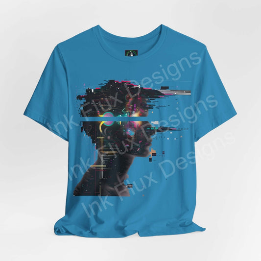 Cyberpunk-inspired graphic tee featuring an abstract portrait design in vibrant colors on a blue unisex jersey T-shirt.