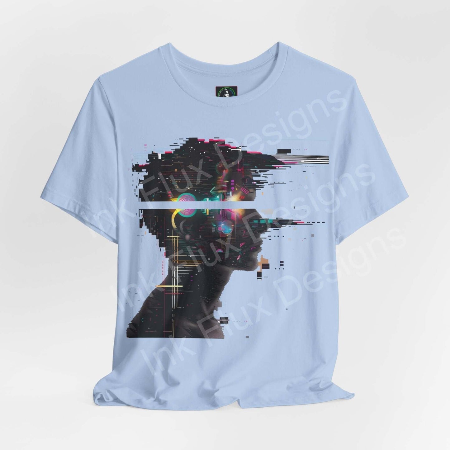 Light blue unisex T-shirt featuring Abstract Portrait XI with cyberpunk-style graphic design, crafted by Bella+Canvas for style and comfort.
