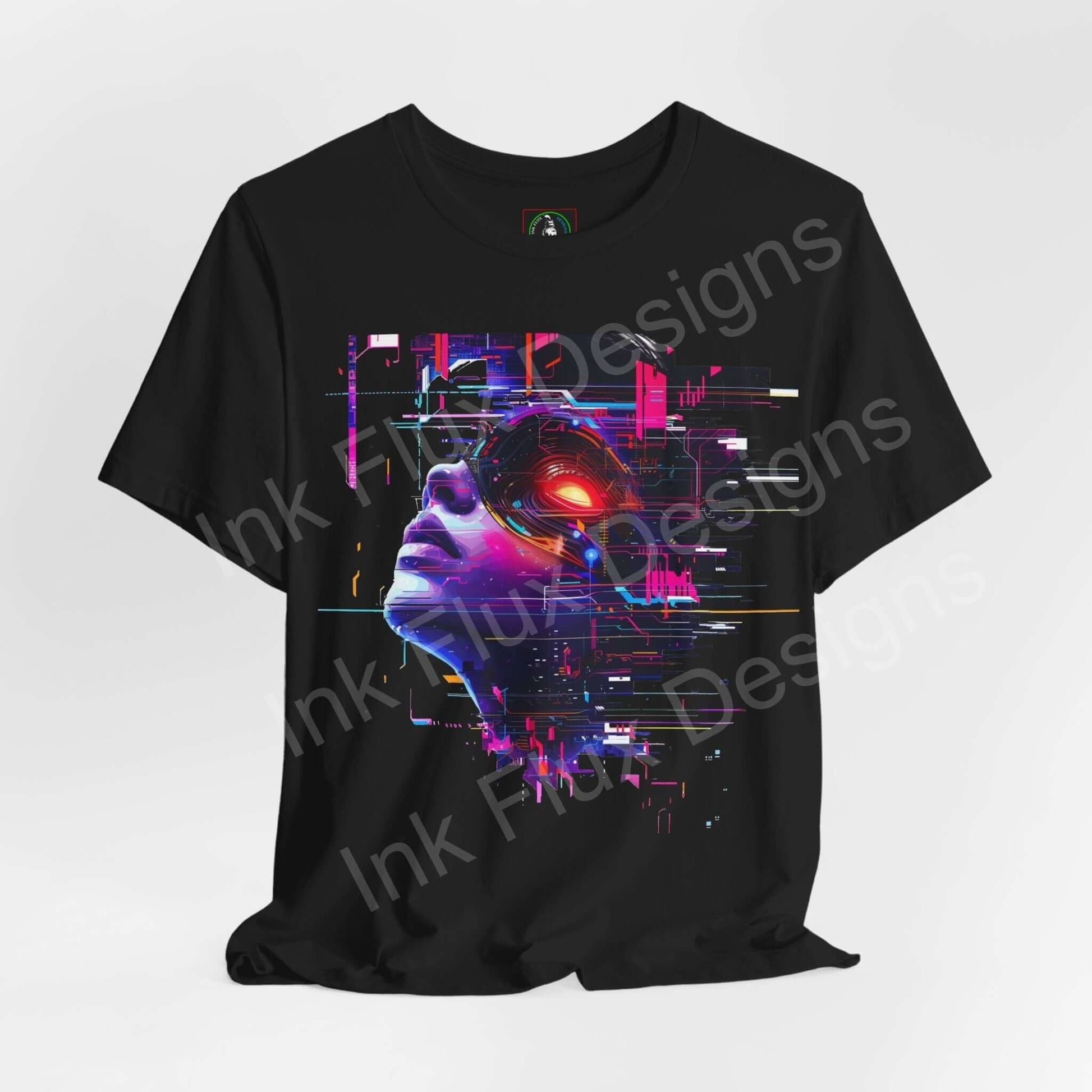 Cyberpunk-inspired graphic tee featuring a vibrant abstract portrait design on a black unisex T-shirt by Bella+Canvas.
