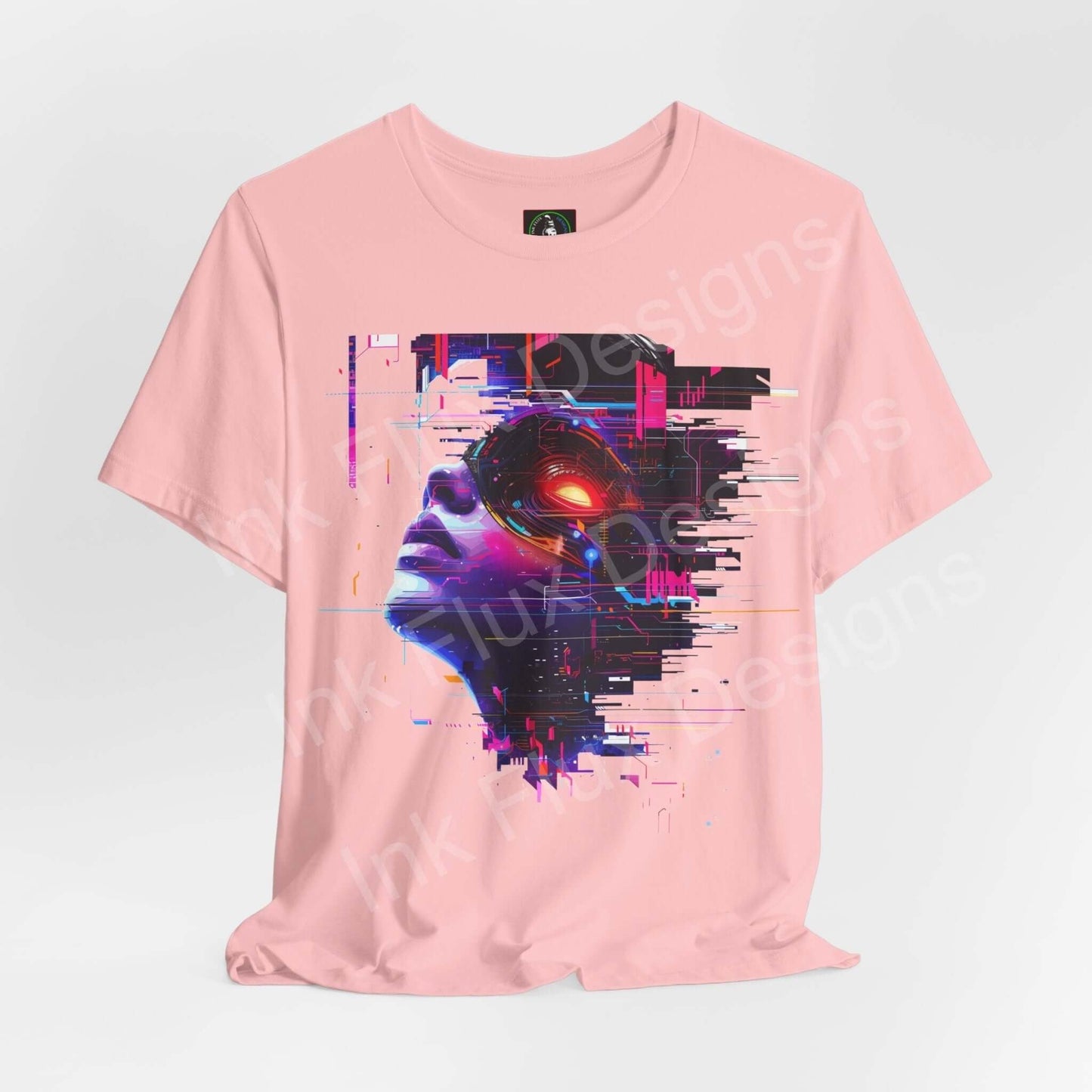 Pink unisex T-shirt featuring an abstract cyberpunk portrait design, part of the Graphic Tees collection by Bella+Canvas.