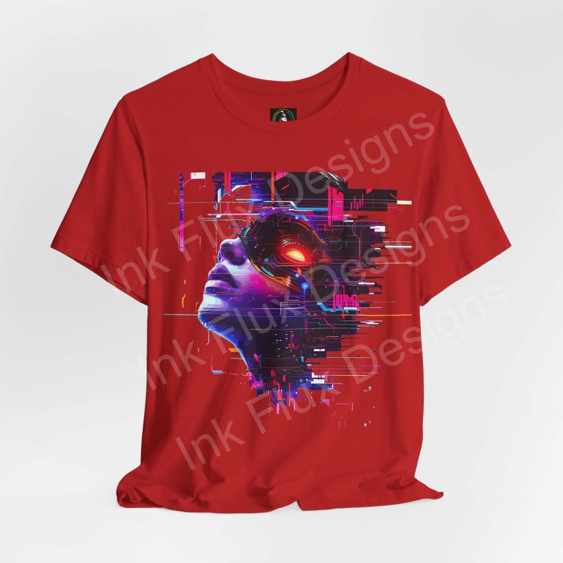 Red cyberpunk graphic tee featuring an abstract portrait design, made from soft Airlume cotton by Bella+Canvas, ideal for stylish comfort.