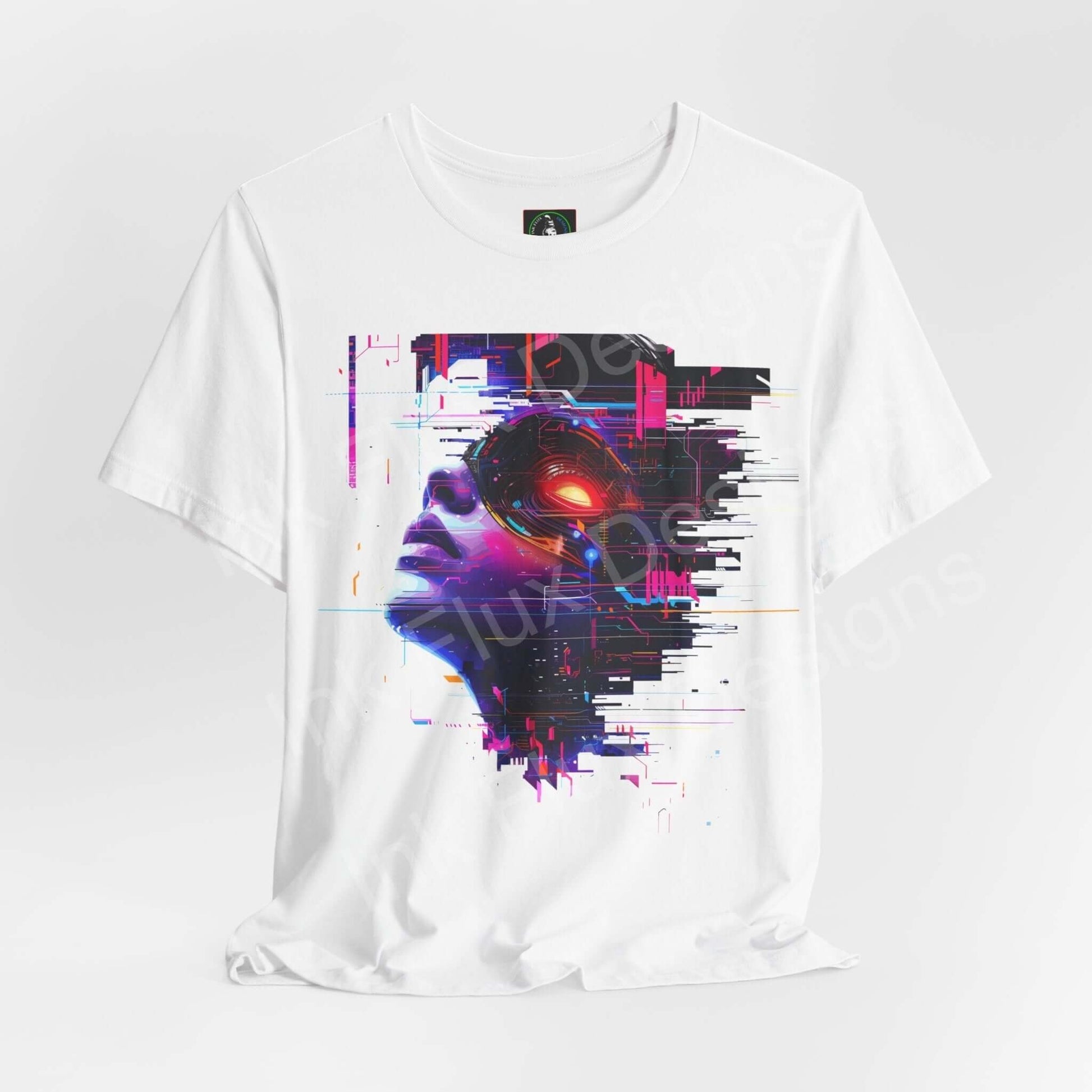 Unisex white jersey T-shirt featuring a vibrant cyberpunk-style graphic print of an abstract face with a glitch effect, by Bella+Canvas.