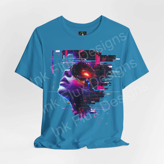 Cyberpunk graphic tee featuring an abstract portrait in vivid blue and pink on a teal T-shirt, designed for style and comfort.