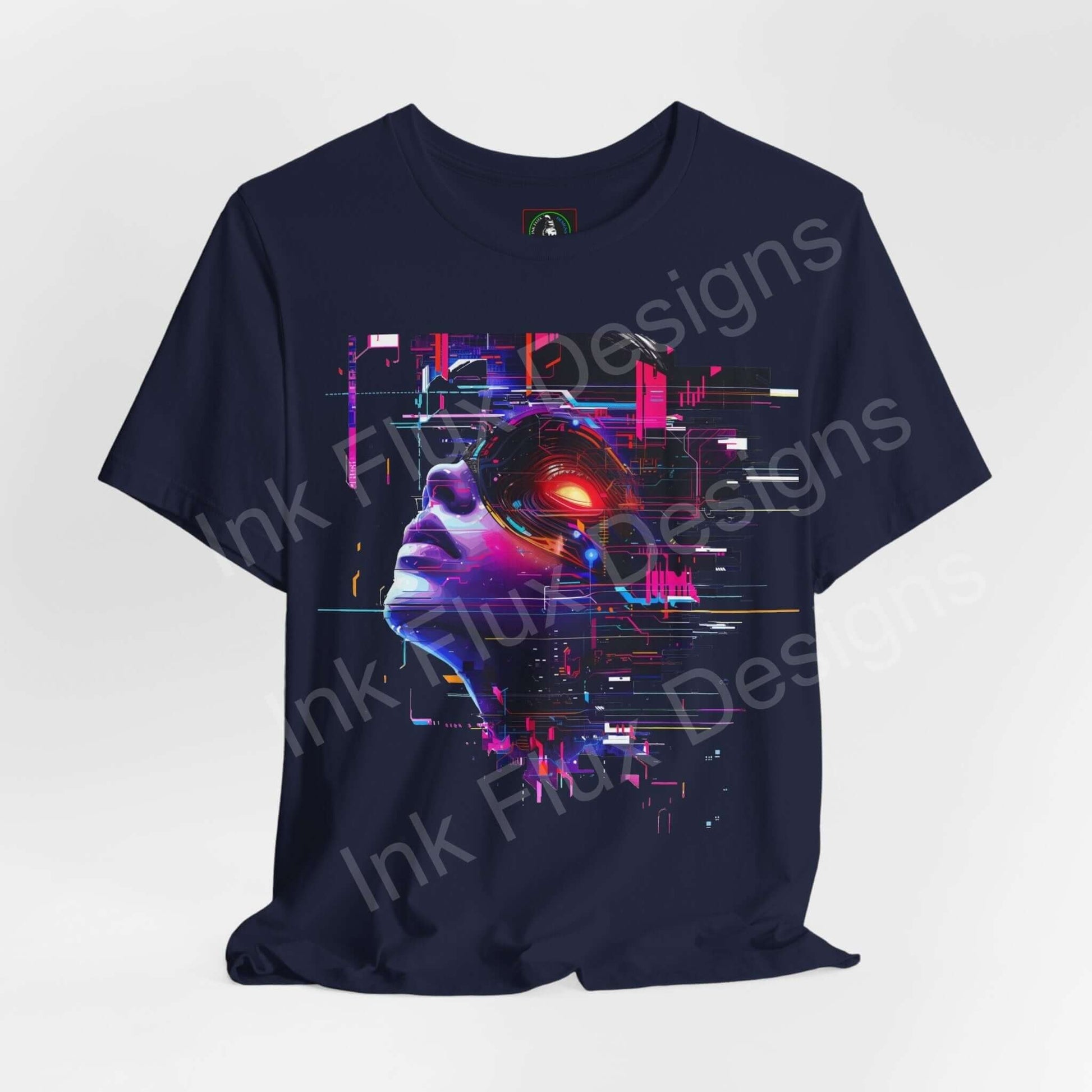 Cyberpunk graphic tee featuring an abstract portrait design with vibrant pink and blue digital elements on a dark blue shirt.