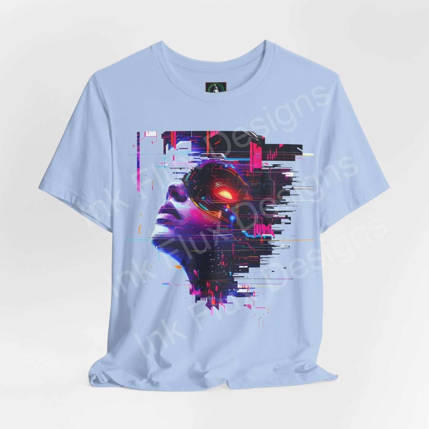 Light blue unisex T-shirt featuring a vibrant cyberpunk-style graphic of an abstract portrait with neon accents, from Bella+Canvas.