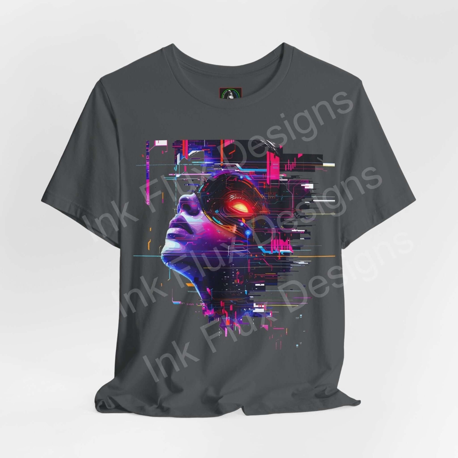 Cyberpunk-style graphic tee featuring an abstract portrait with vibrant digital glitch effects on a gray unisex T-shirt.