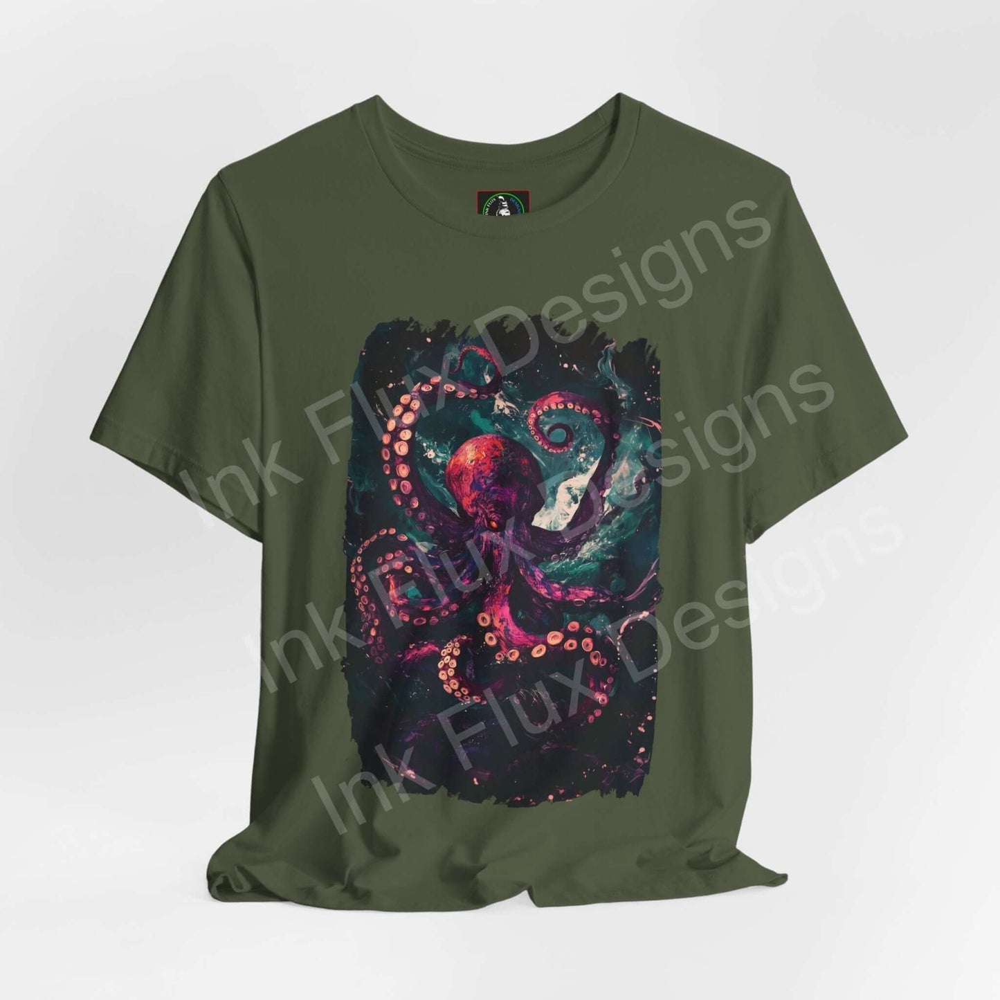 Green unisex T-shirt featuring a vibrant Abyssal Octopus graphic design in rich colors, ideal for fans of spirit animals and graphic tees.