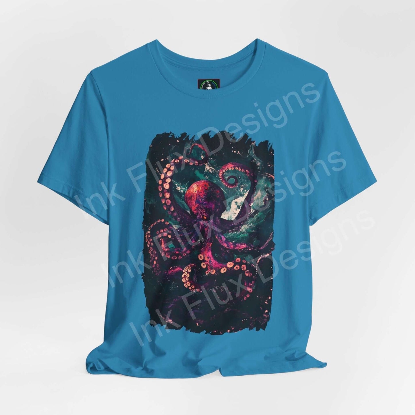 Blue unisex T-shirt featuring a vibrant Abyssal Octopus graphic design, crafted from breathable Airlume cotton by Bella+Canvas, ideal for spirit animal enthusiasts.
