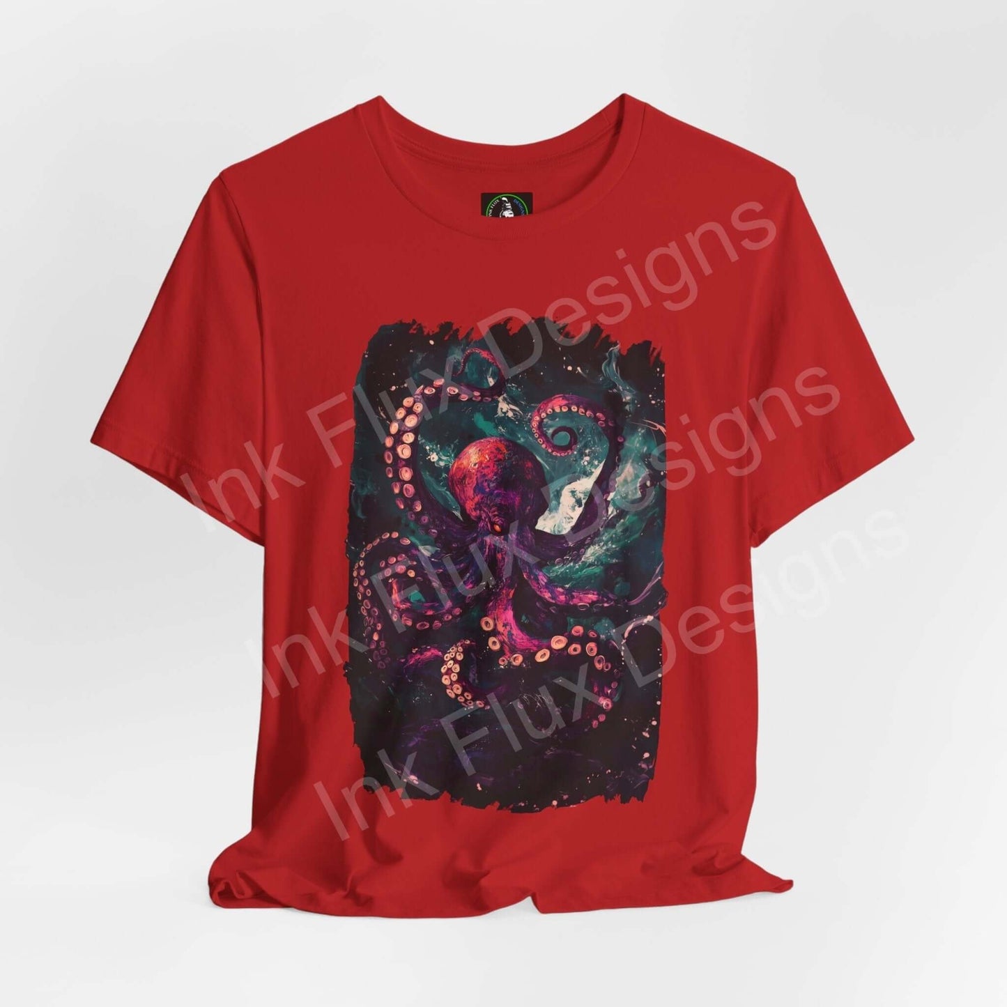Red unisex T-shirt with Abyssal Octopus graphic design, featuring spirit animal theme, ethically made by Bella+Canvas, ideal for style and comfort.
