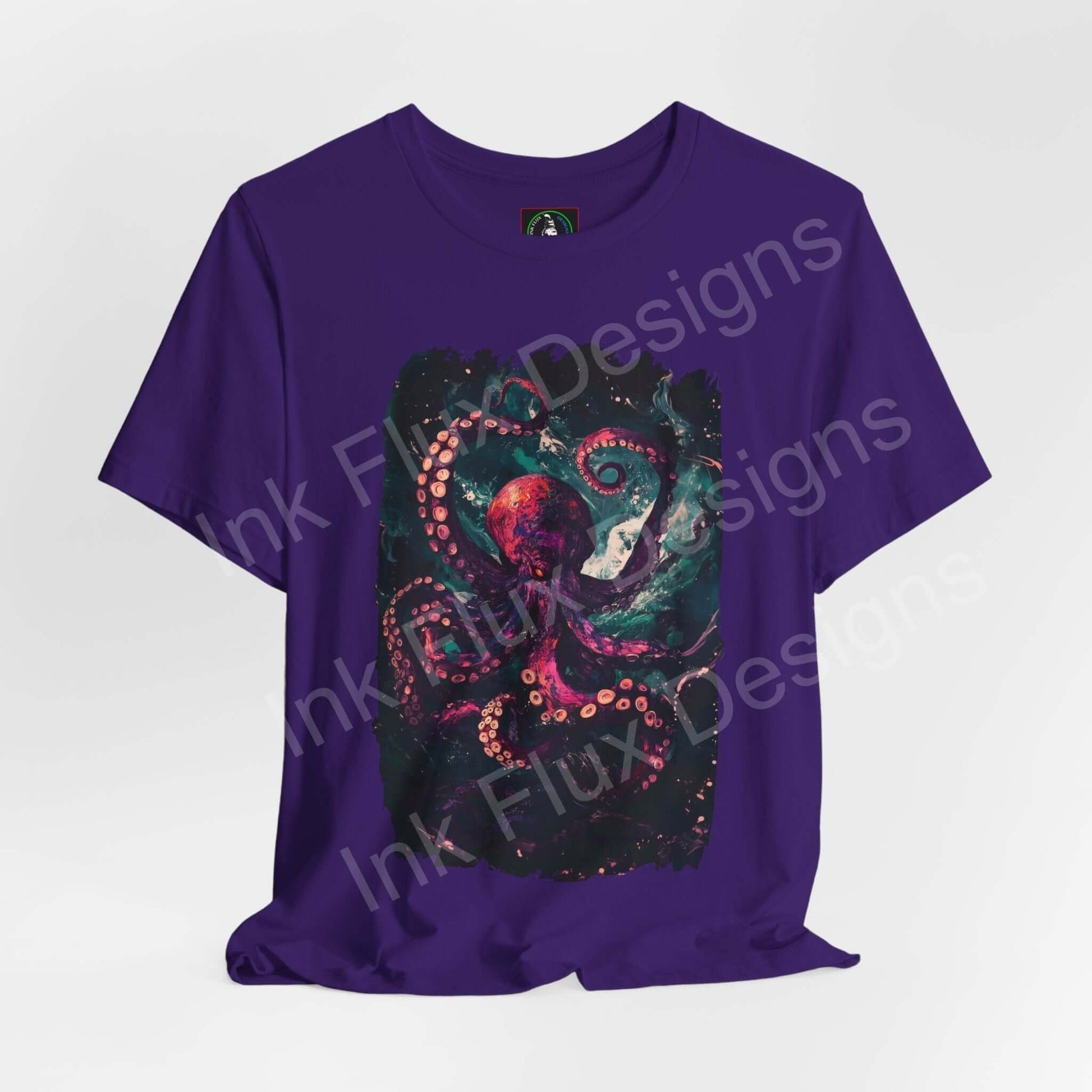 Purple Abyssal Octopus graphic tee by Bella+Canvas, featuring intricate octopus design in vibrant colors, perfect for fans of spirit animals and stylish, comfortable clothing.