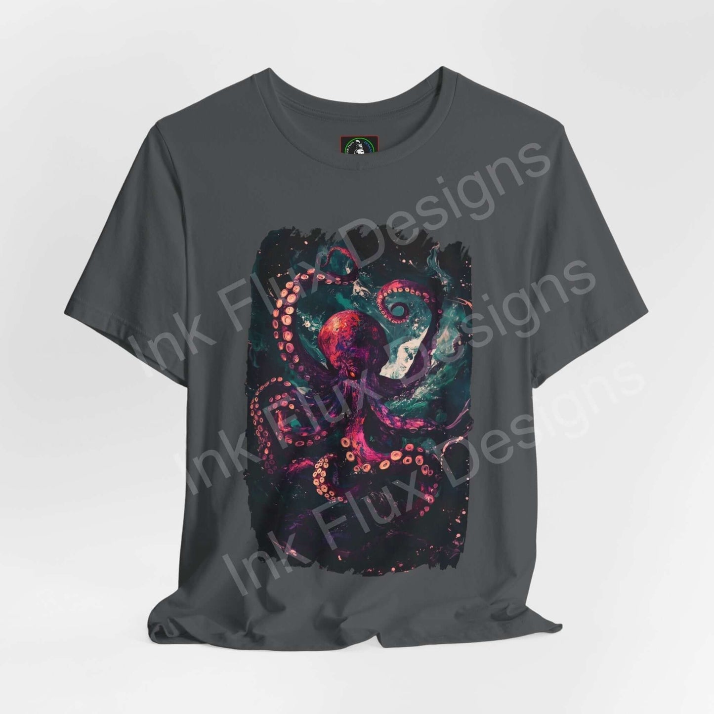 Unisex charcoal gray T-shirt with vibrant Abyssal Octopus graphic design, featuring spirit animals, perfect for casual wear from Bella+Canvas.