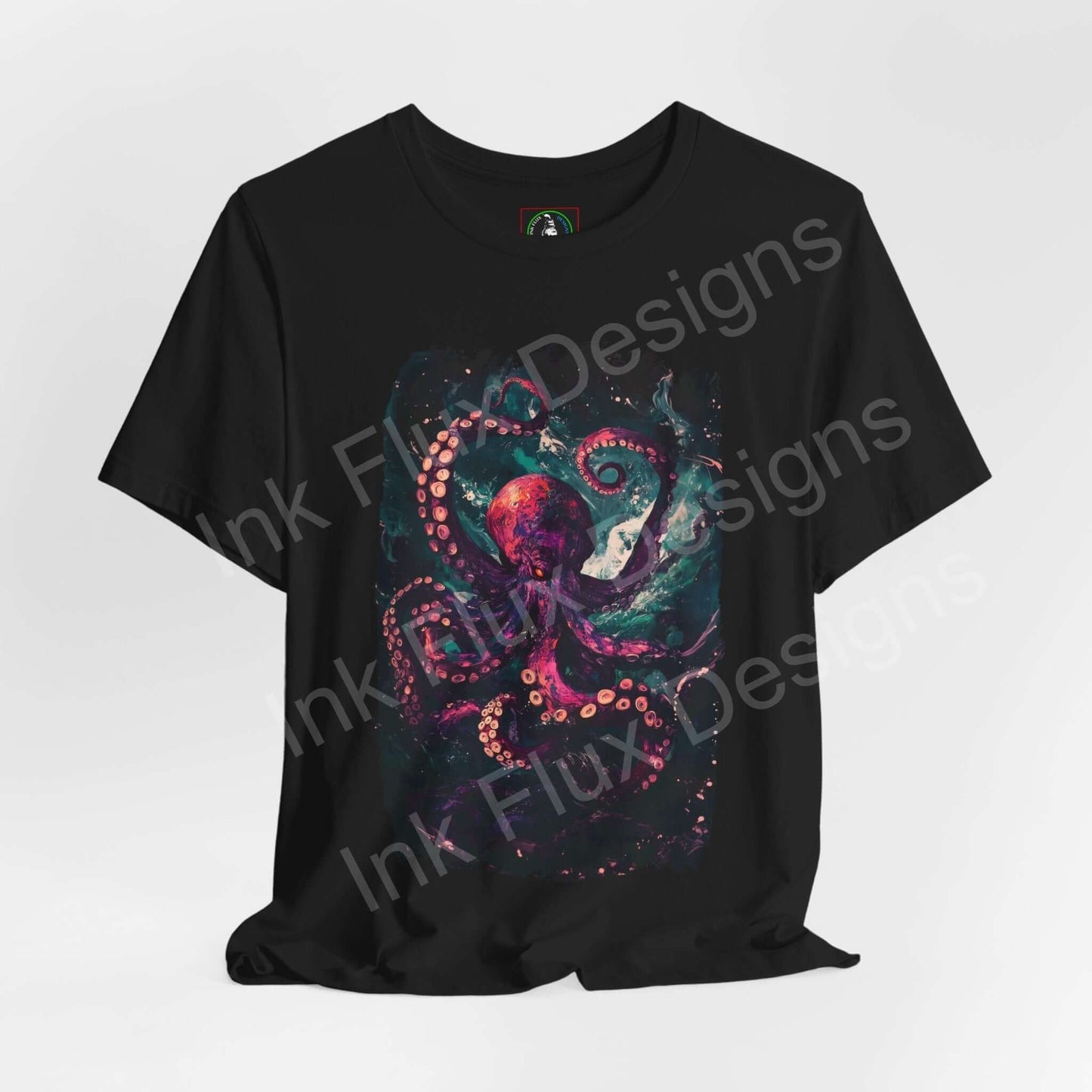 Abyssal Octopus graphic tee featuring vibrant spirit animal design on black, eco-friendly unisex T-shirt by Bella+Canvas.