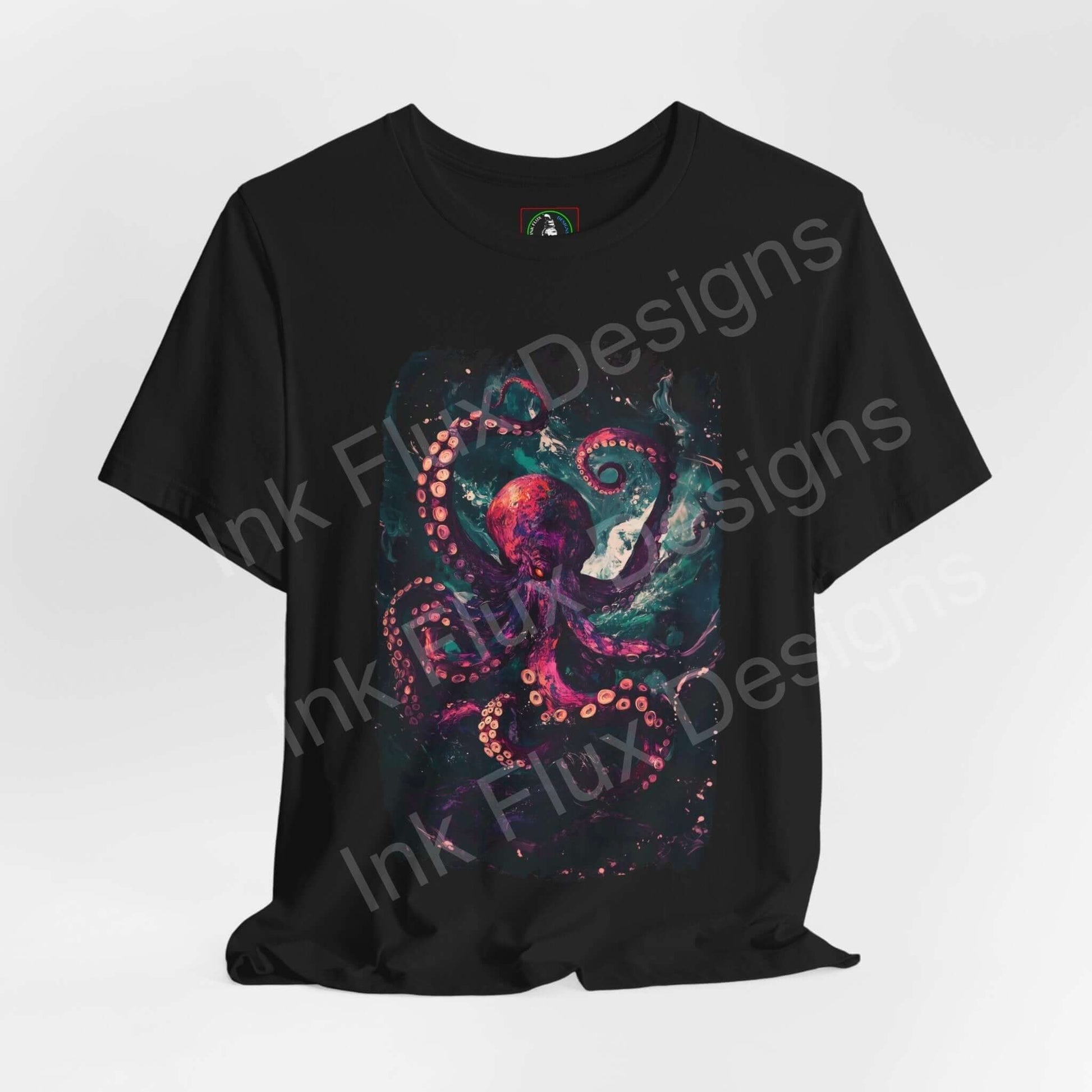 Abyssal Octopus graphic tee featuring vibrant spirit animal design on black, eco-friendly unisex T-shirt by Bella+Canvas.