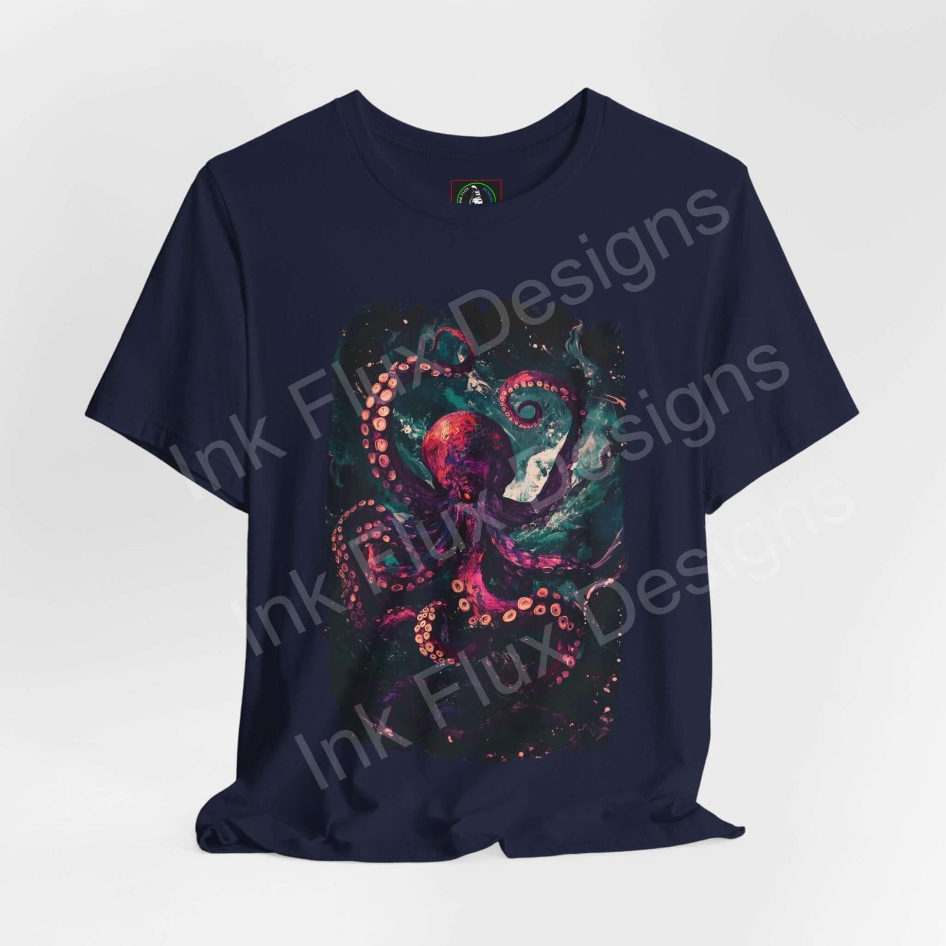Abyssal Octopus graphic tee showcasing a vibrant octopus design on a navy unisex shirt, perfect for fans of spirit animals and stylish, comfortable wear.
