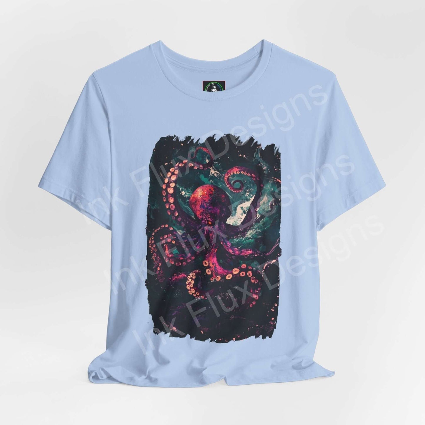 Light blue unisex T-shirt featuring vibrant Abyssal Octopus graphic, perfect for fans of spirit animals and graphic tees.