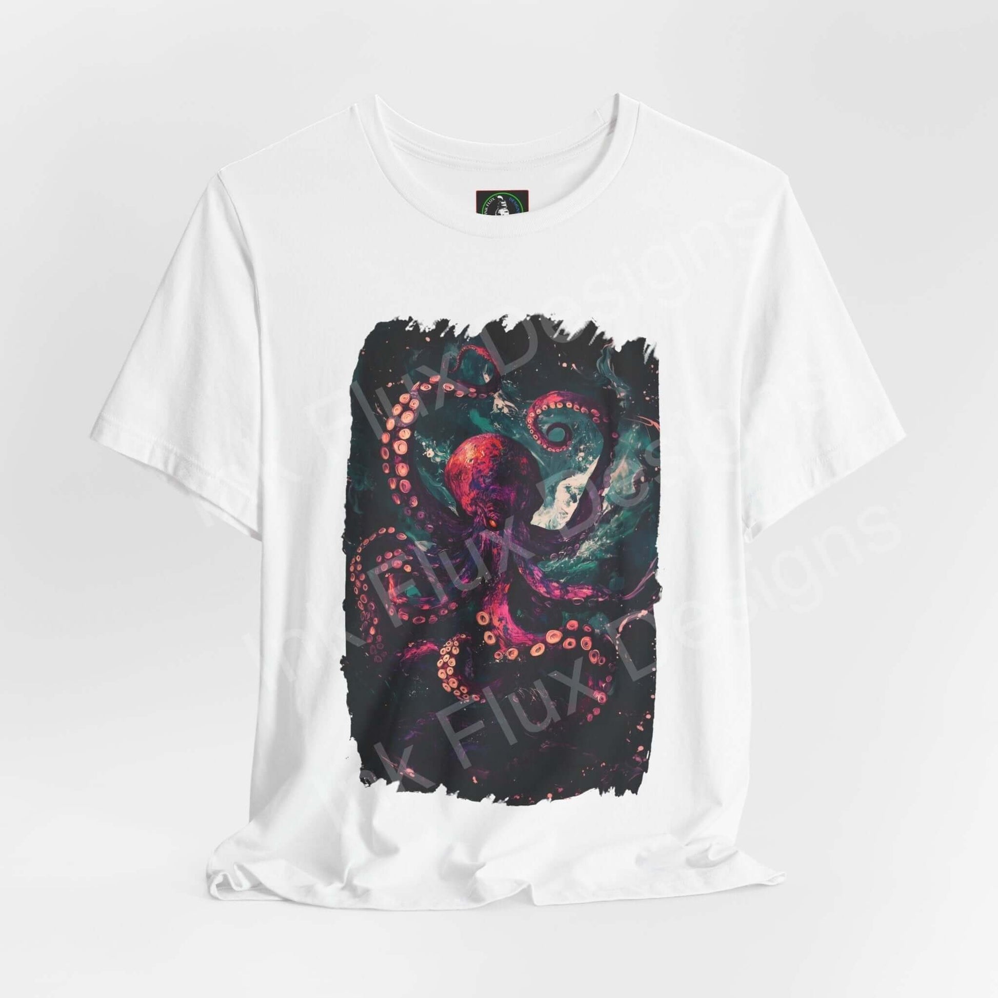 Graphic tee featuring a mystical abyssal octopus design in vibrant colors on a white unisex jersey T-shirt, ideal for fans of spirit animals.