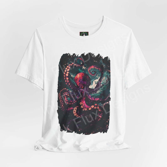 Graphic tee featuring a mystical abyssal octopus design in vibrant colors on a white unisex jersey T-shirt, ideal for fans of spirit animals.
