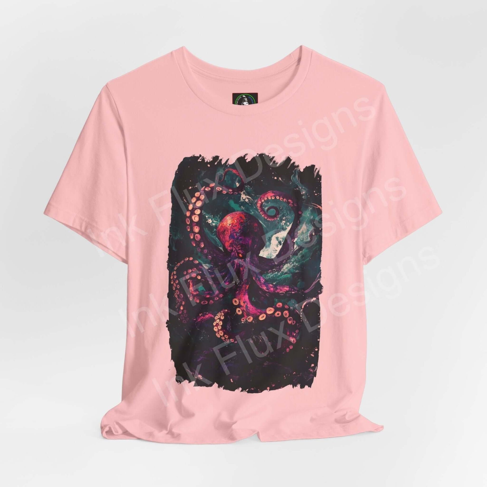 Pink unisex T-shirt featuring an Abyssal Octopus graphic, ethically made, perfect for fans of spirit animals and graphic tees.