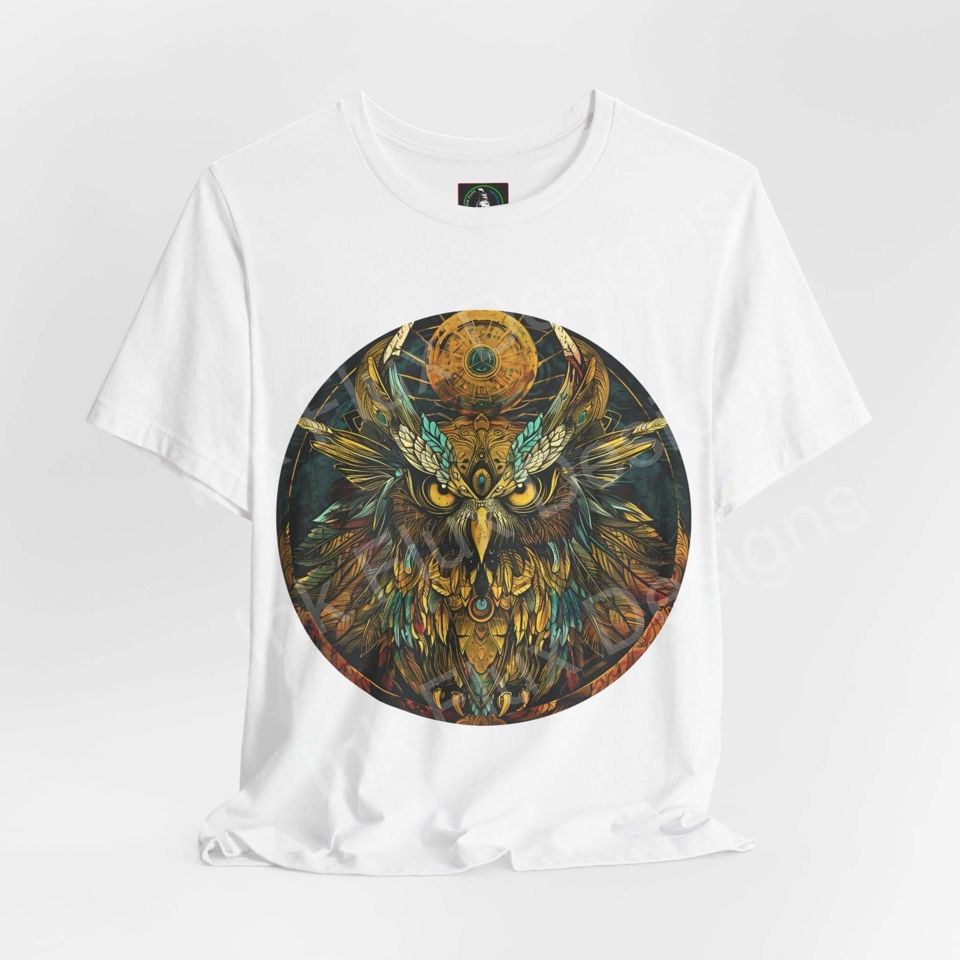 Graphic Tee featuring an intricate Ancient Owl design on white unisex jersey T-shirt, symbolizing spirit animals.