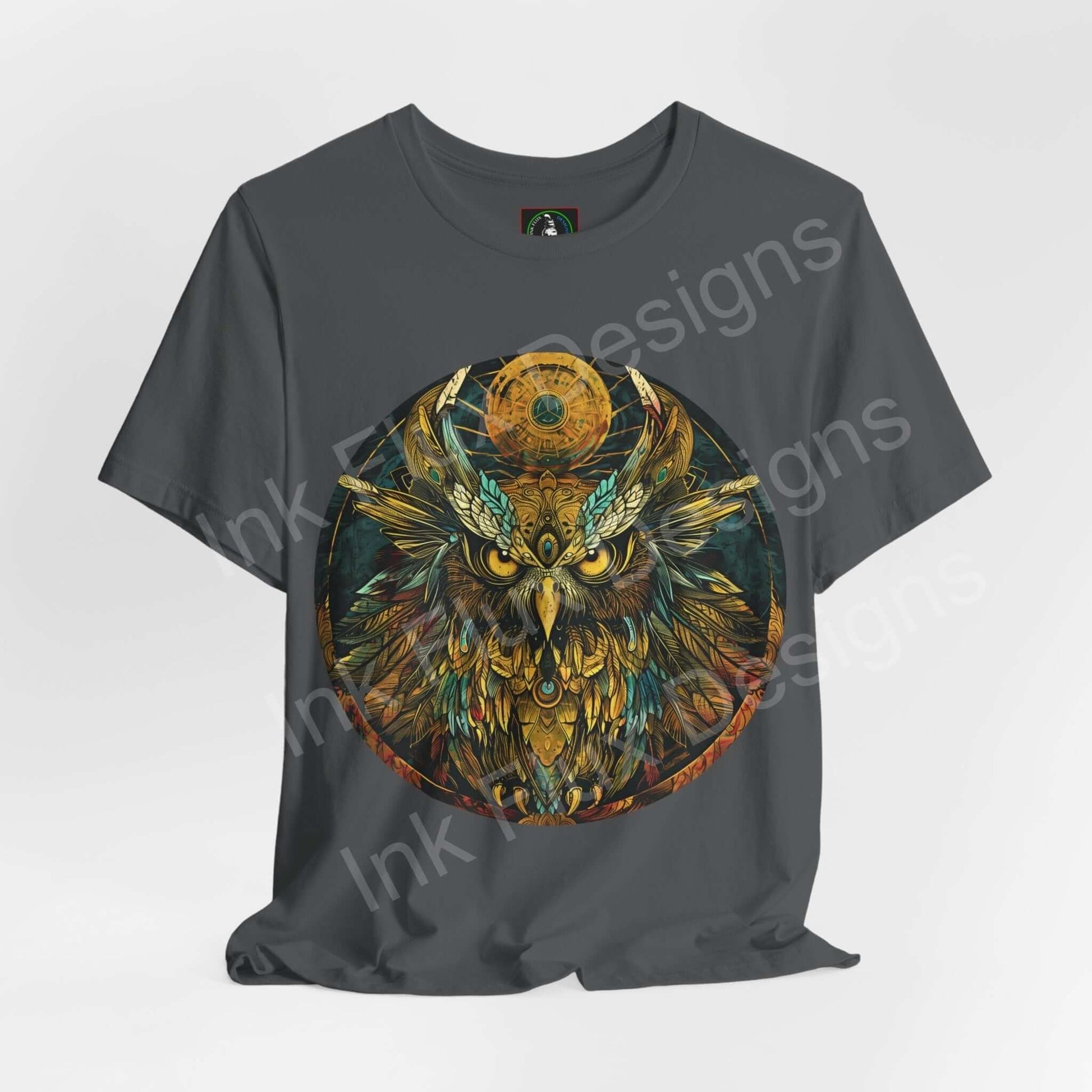 Unisex gray T-shirt with vibrant ancient owl graphic, featuring artistic details and intricate design, ideal for fans of spirit animal-themed apparel.