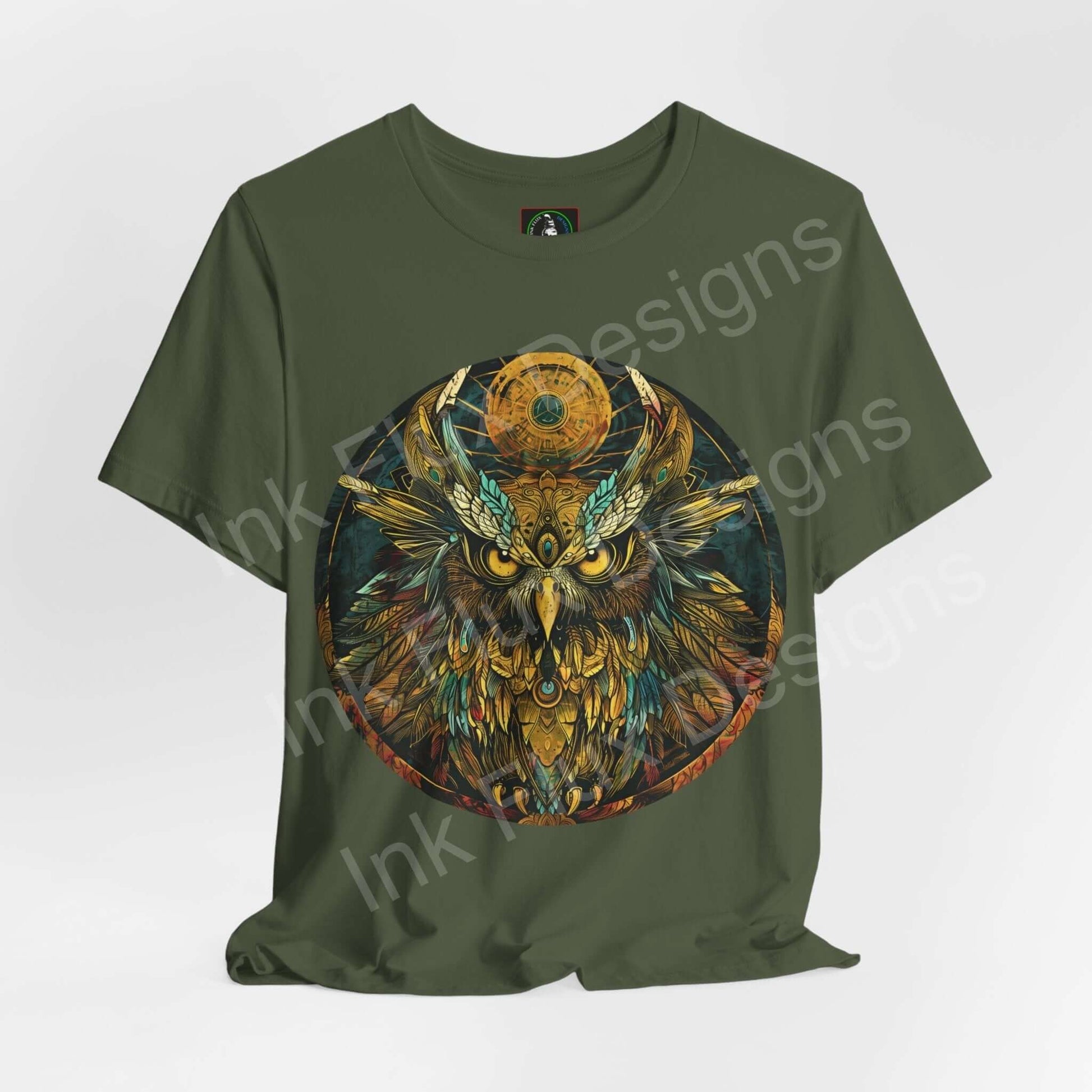Olive green unisex T-shirt featuring a detailed graphic of an ancient owl, symbolizing spirit animals, ideal for both style and comfort.