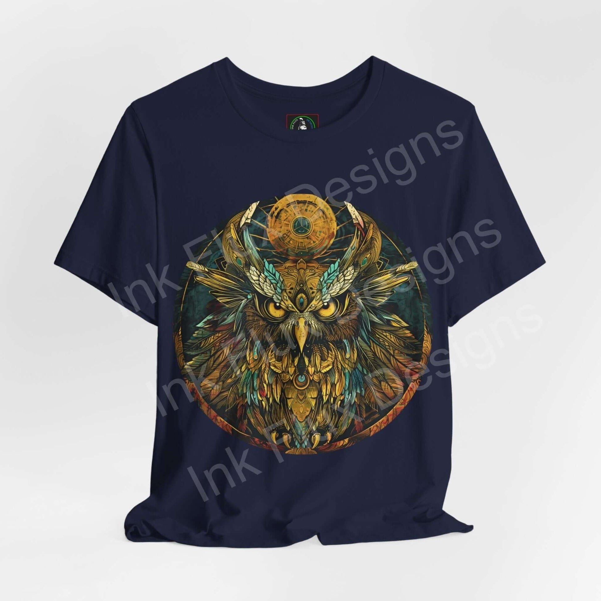 Navy blue unisex T-shirt featuring detailed graphic of an ancient owl, ideal for lovers of spirit animals and graphic tees.