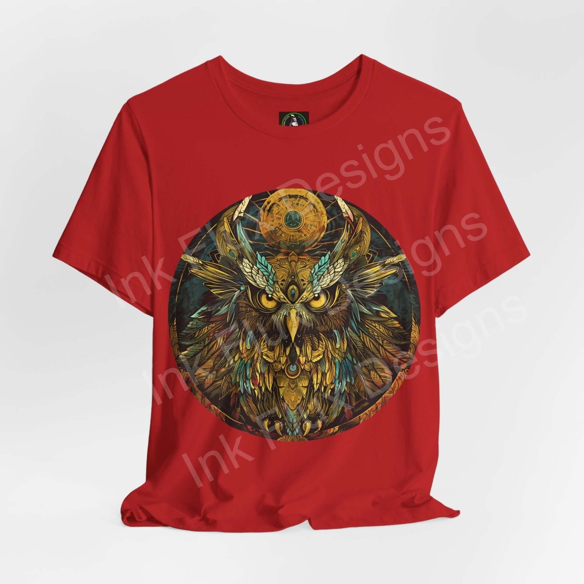 Red unisex T-shirt featuring detailed graphic of an Ancient Owl, emphasizing spirit animals and artistry on breathable cotton fabric.
