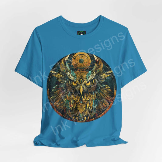 Ancient Owl graphic tee in turquoise, featuring a detailed, vibrant owl design, symbolizing spirit animals, on a high-quality, comfortable Bella+Canvas T-shirt.