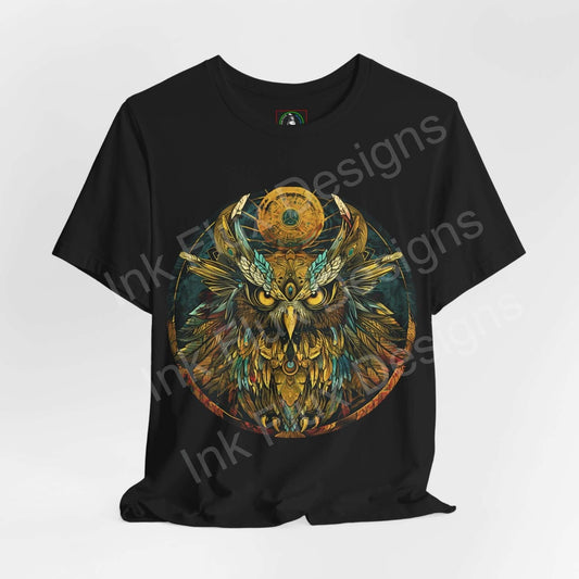 Black unisex T-shirt with vibrant ancient owl graphic design, showcasing detailed feathers and mystical symbols, ideal for fans of spirit animals and graphic tees.