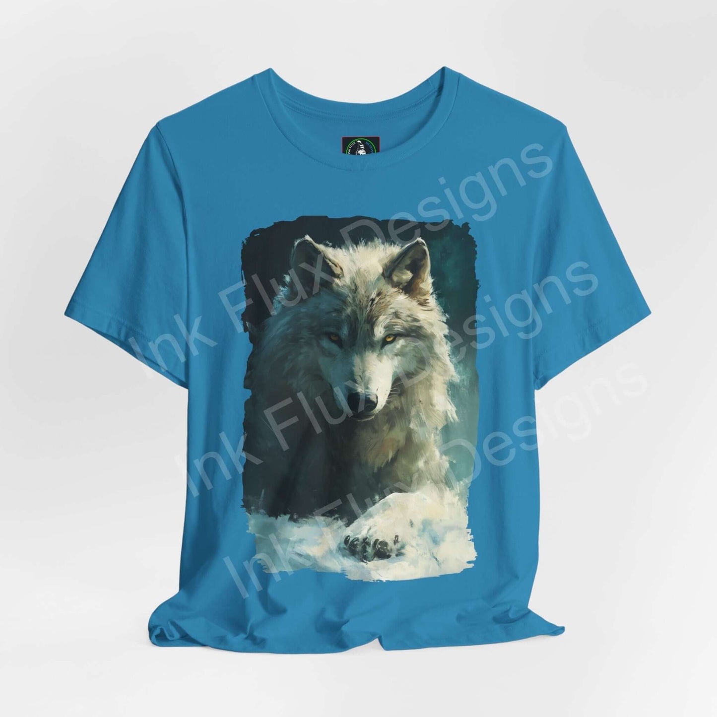 Blue unisex T-shirt featuring a graphic print of an Arctic wolf, ideal for lovers of spirit animals and stylish graphic tees.