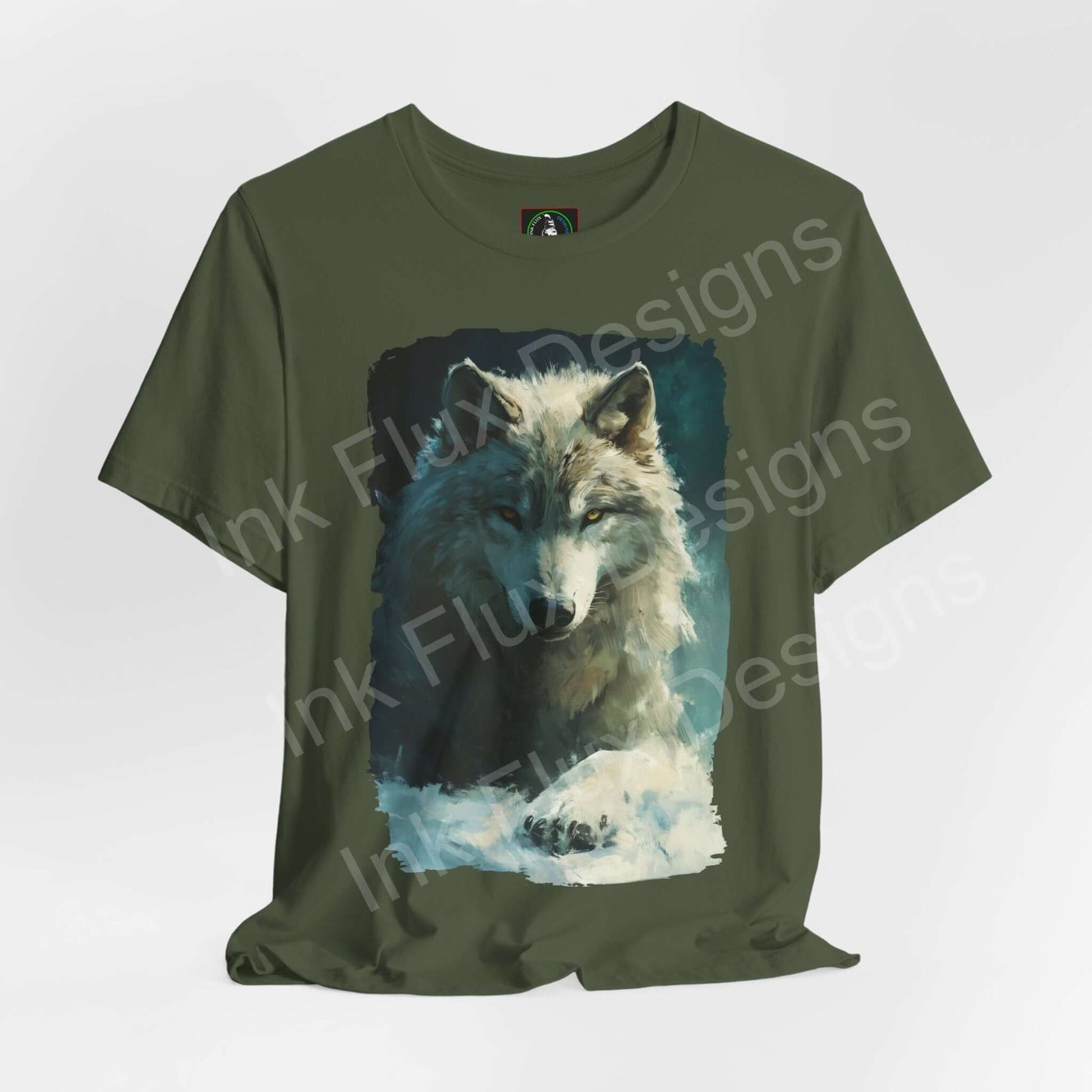 Olive green unisex T-shirt featuring a detailed graphic of an Arctic Wolf, ideal for lovers of spirit animals and ethically made by Bella+Canvas.