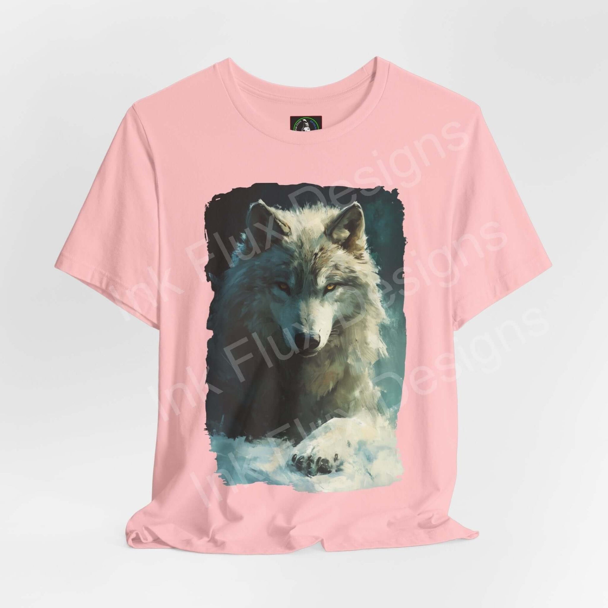Pink unisex T-shirt with graphic print of an Arctic Wolf, symbolizing spirit animals and sustainable fashion by Bella+Canvas.