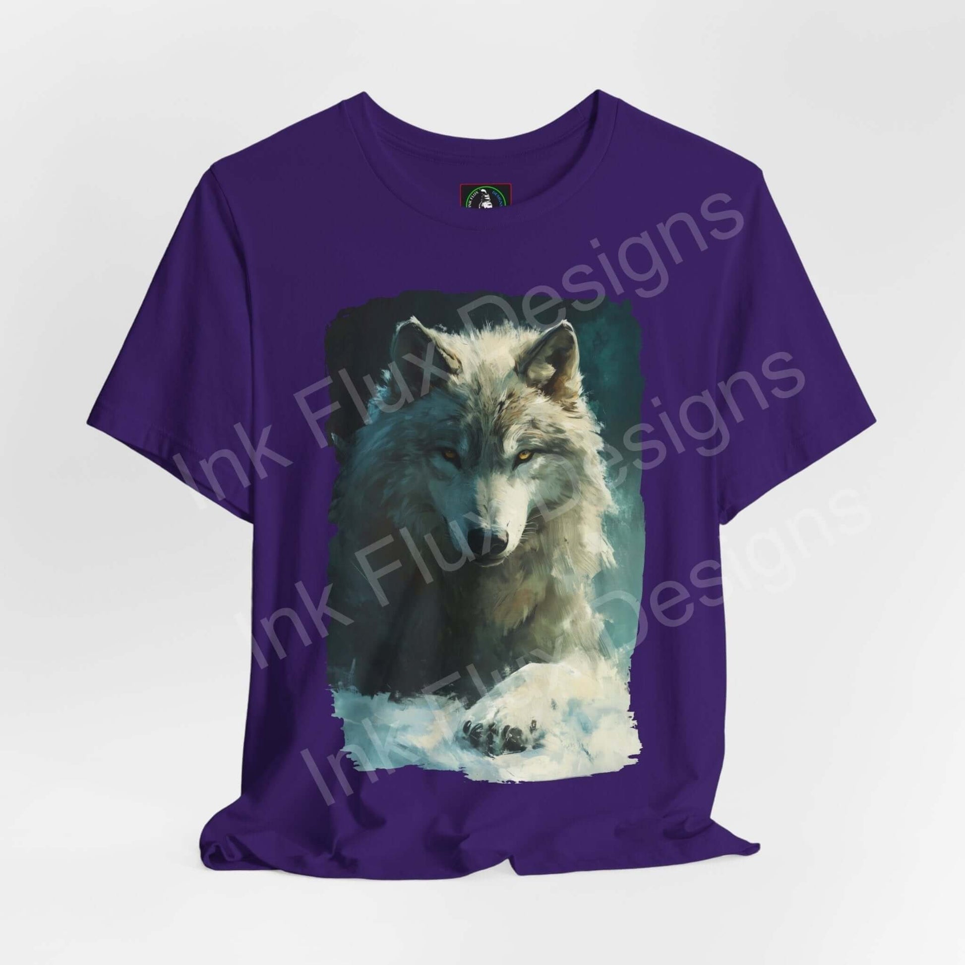Unisex purple T-shirt with a detailed graphic of an Arctic Wolf, ideal for fans of spirit animals and ethically made apparel.