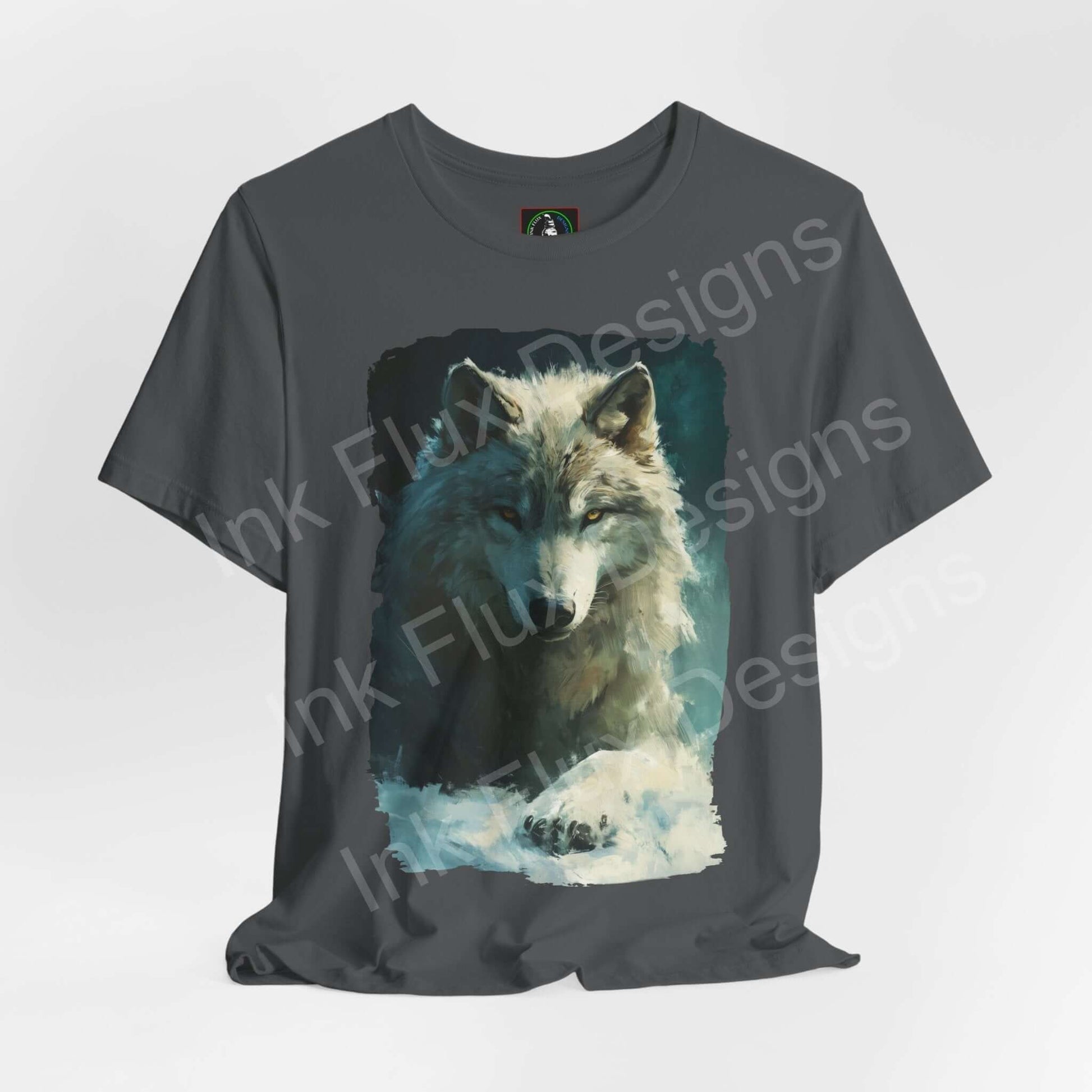 Unisex grey T-shirt featuring a graphic of an Arctic Wolf, ideal for spirit animal enthusiasts, from Bella+Canvas.